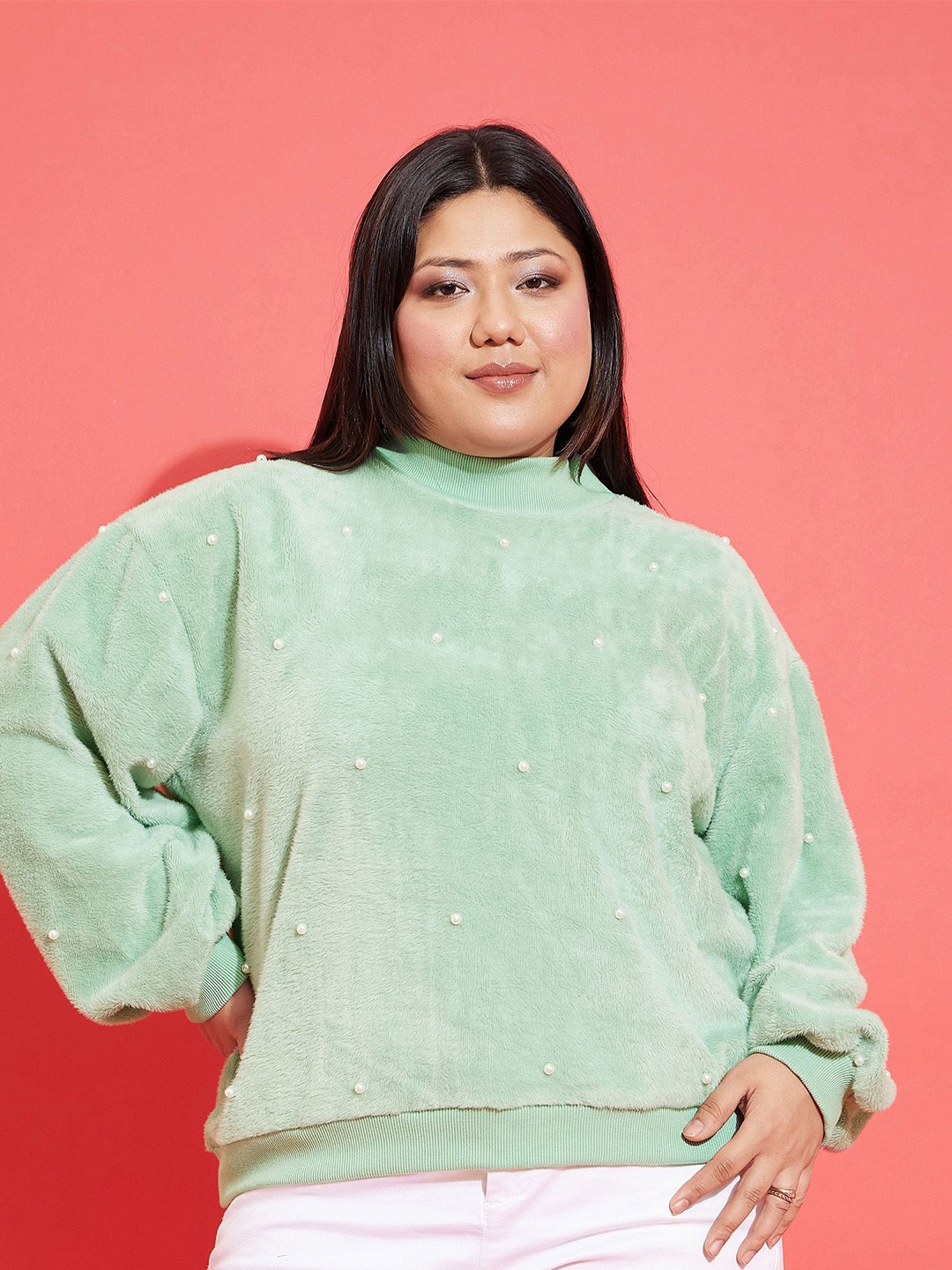 

SASSAFRAS Curve Women Plus Size Embellished Sweatshirt, Green