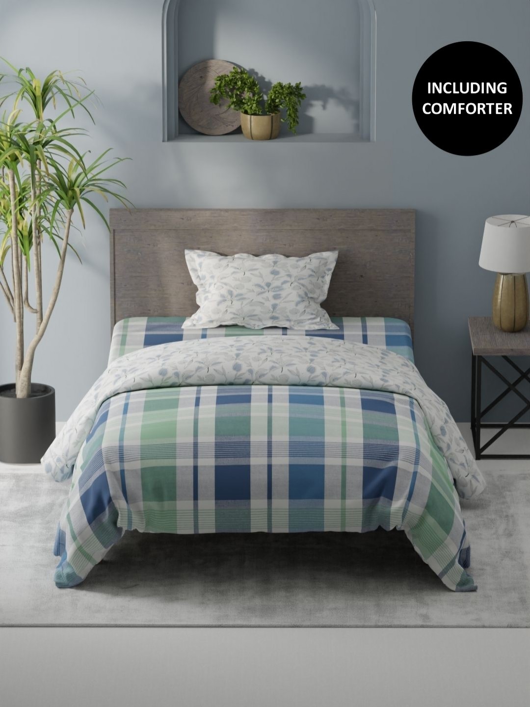 

KOPA Green & Blue 3 Pieces Checked Cotton Single Bedding Set