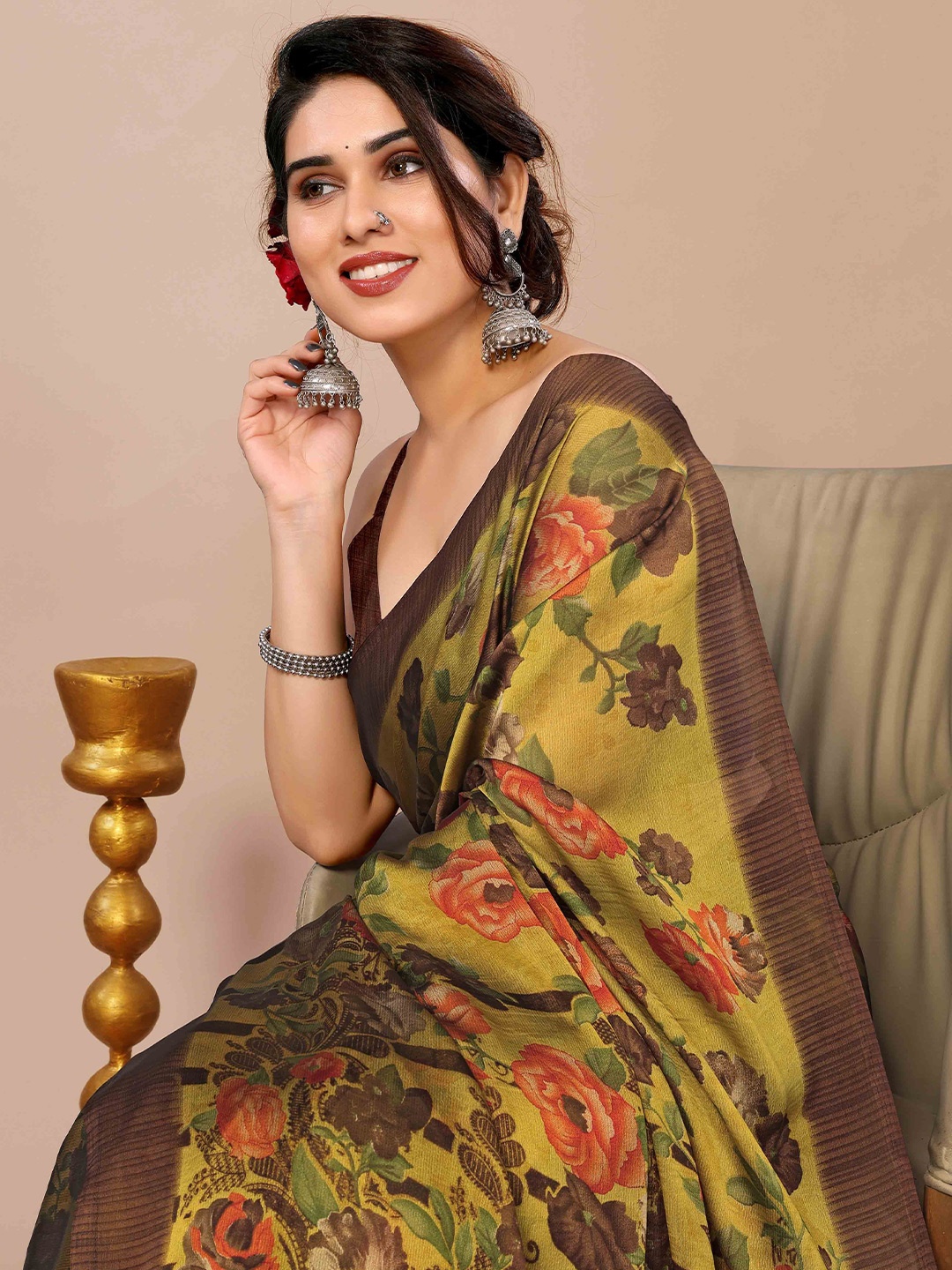 

KALINI Floral Poly Chiffon Saree, Mustard