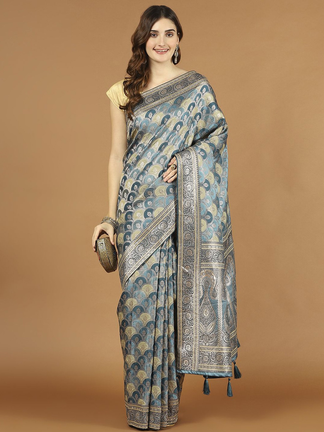 

Meena Bazaar Ethnic Motifs Woven Art Silk Saree, Blue