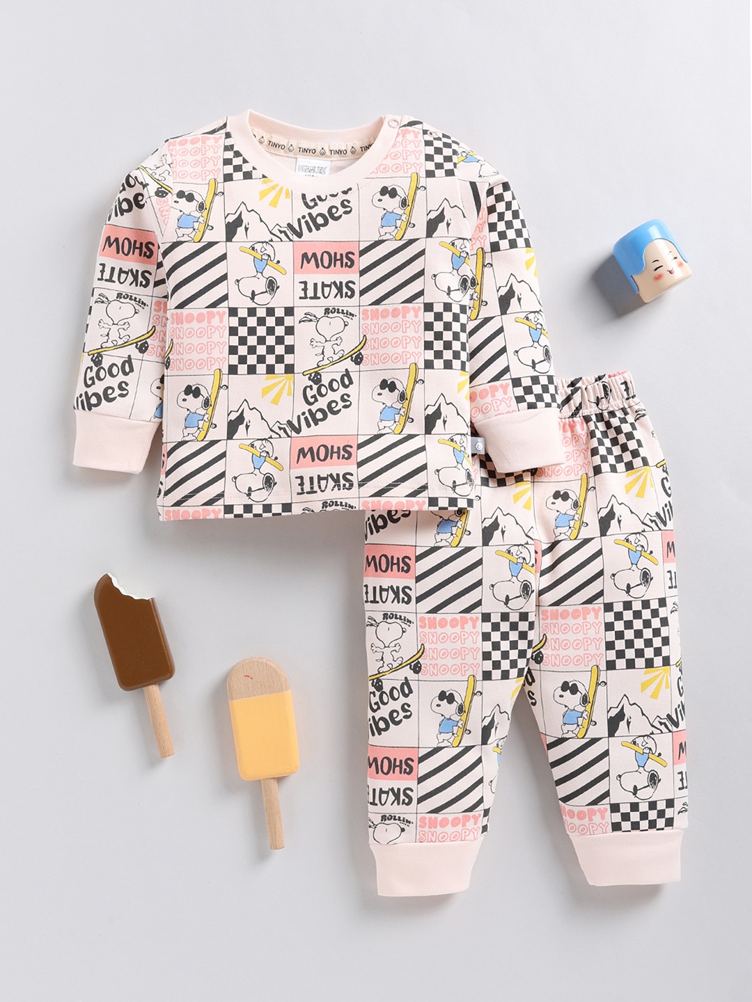 

YK X Tinyo Infants Boys Printed Pure Cotton T-shirt and Jogger, Peach
