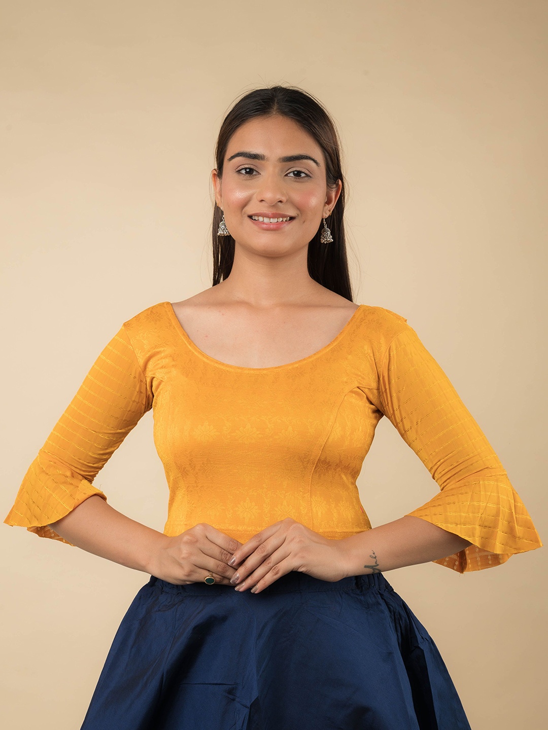 

Bindigasm's Advi Ruffle Neck Stretchable Slip on Blouse, Mustard