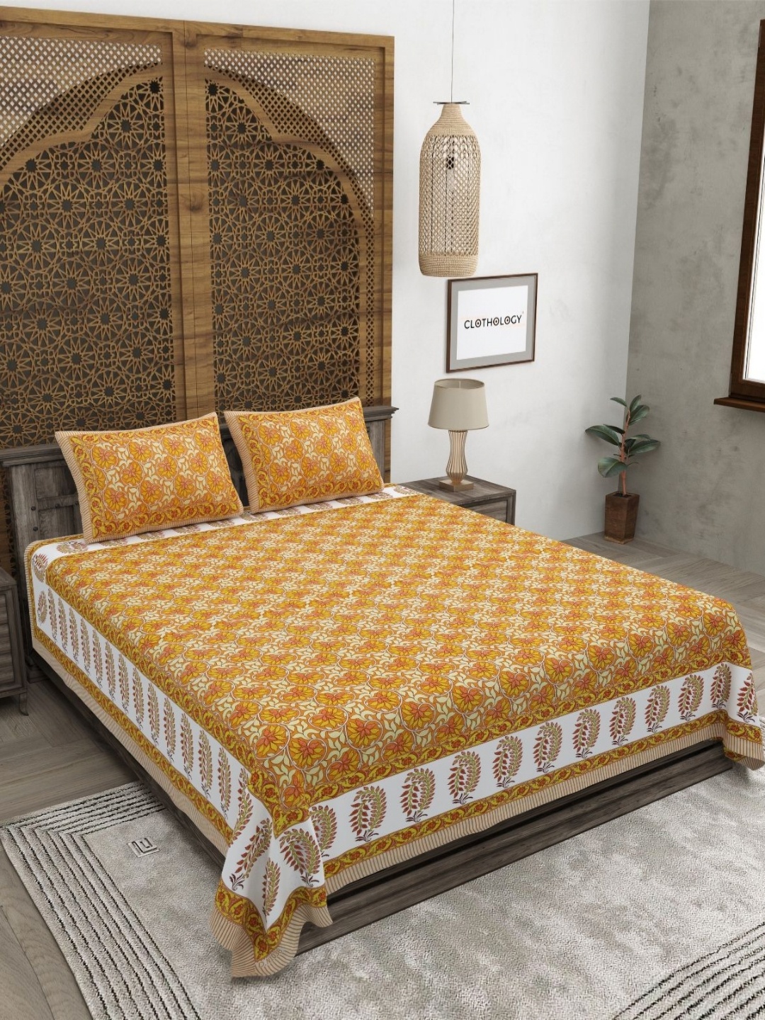 

CLOTHOLOGY Orange Floral Printed 180 TC Pure Cotton King Bedsheet Set 2.75 m x 2.25 m