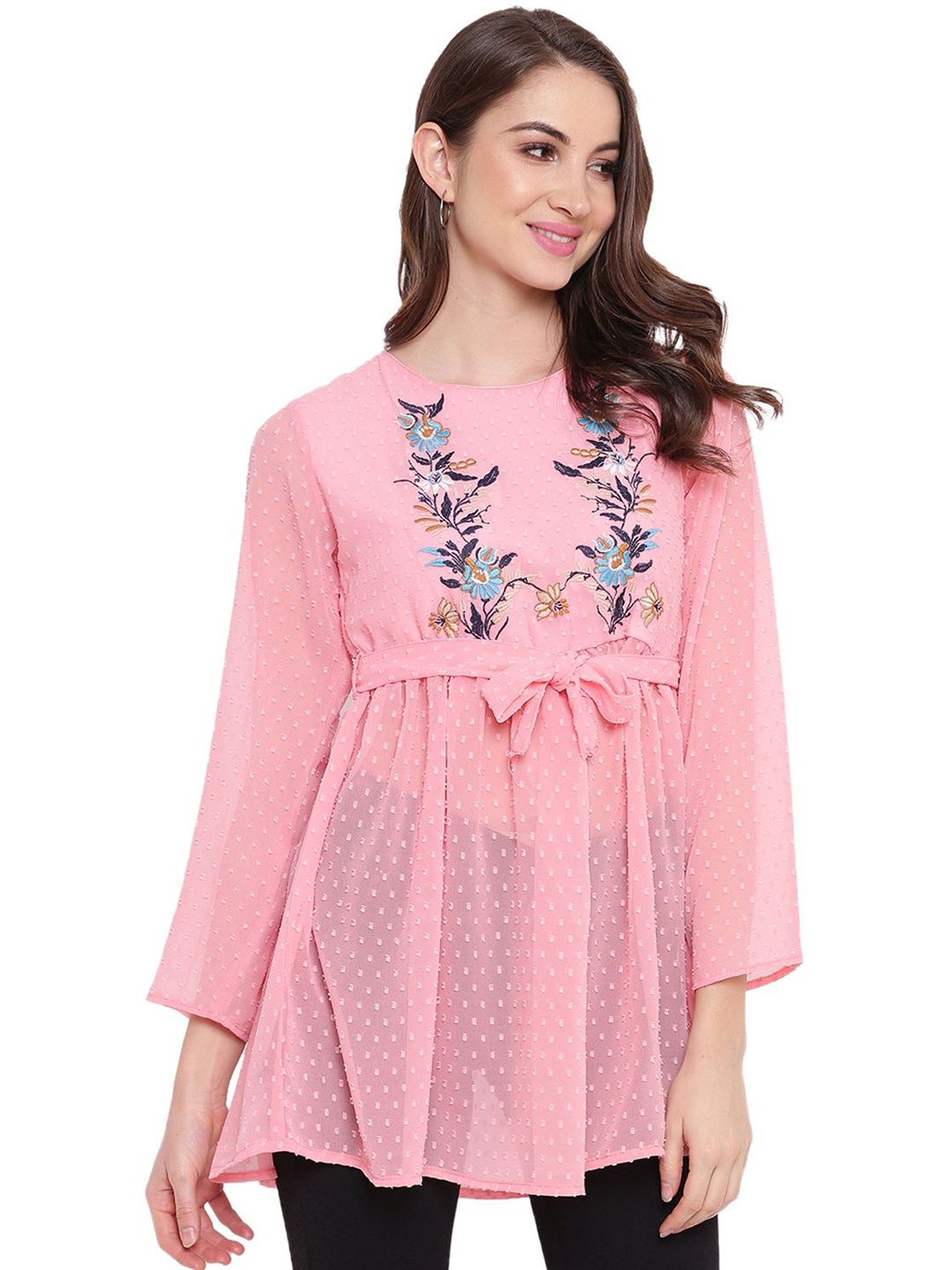 

DressBerry Women Floral Embroidered A-Line Top, Pink