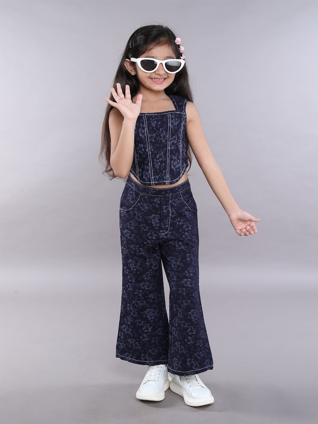 

taffykids Girls Printed Top with Trousers, Navy blue