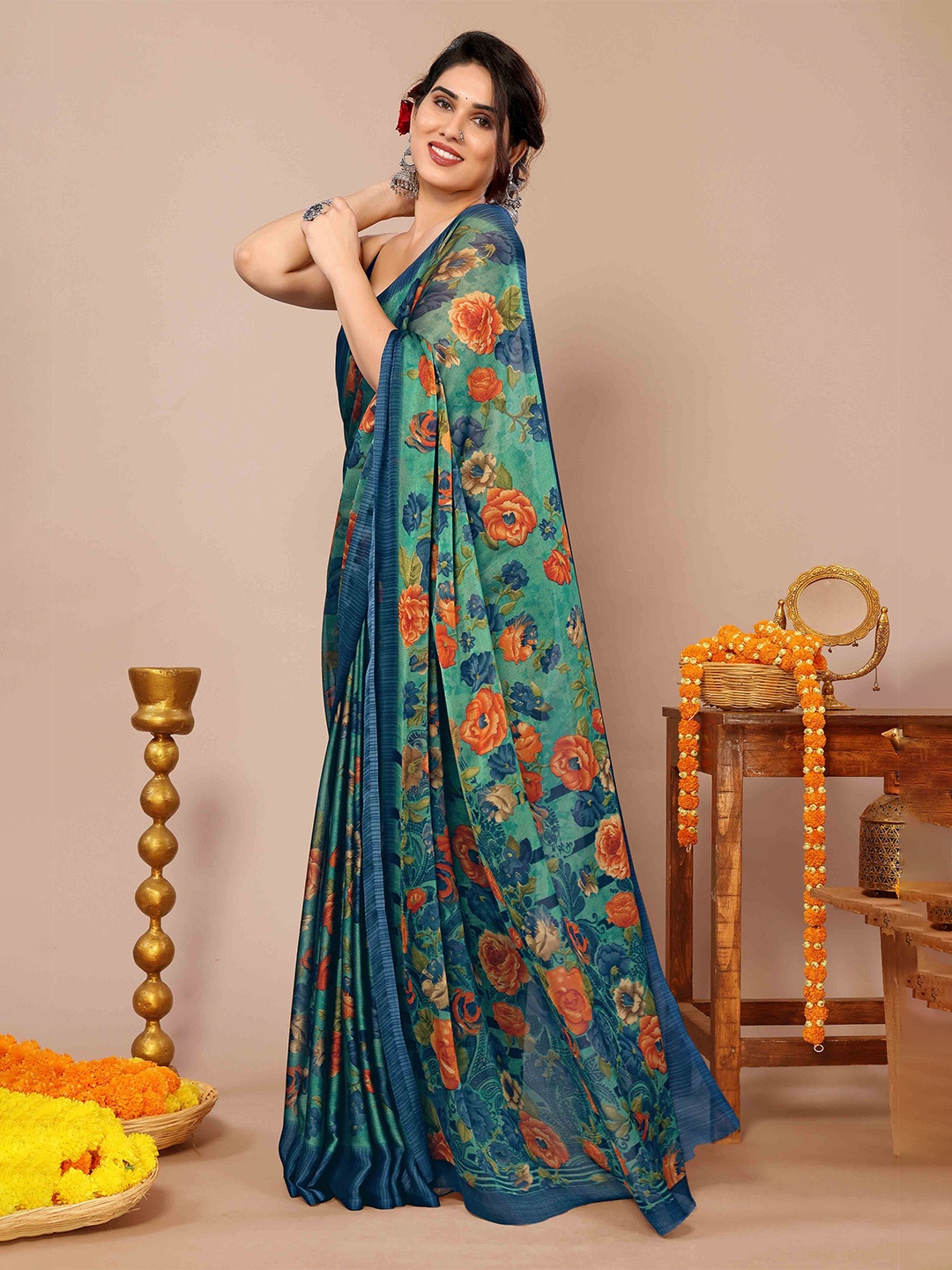 

KALINI Floral Poly Chiffon Saree, Teal