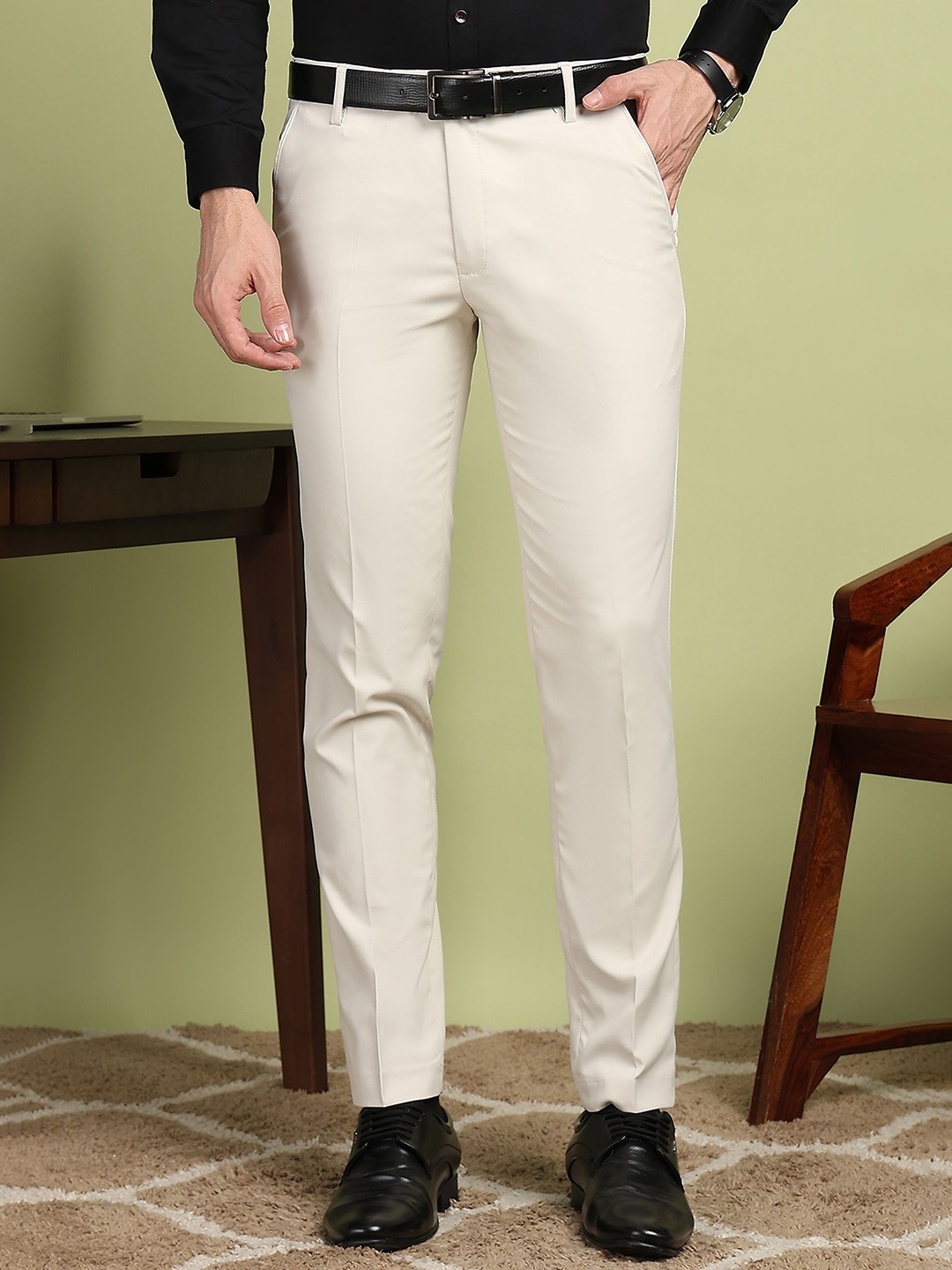 

encore by INVICTUS Men Mid-Rise Formal Trousers, Cream