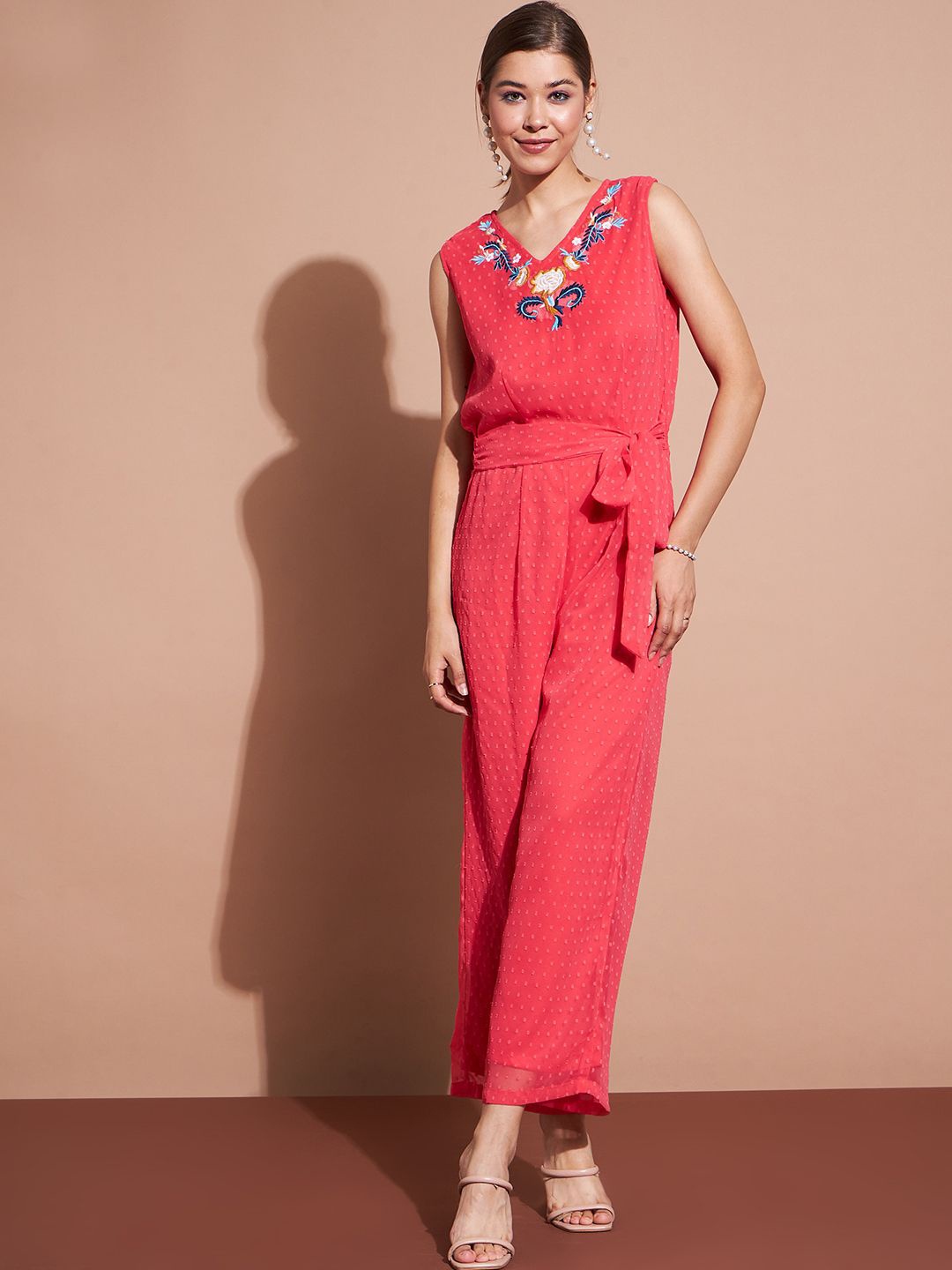 

DressBerry Women Self Design Basic Jumpsuit with Embroidered, Coral