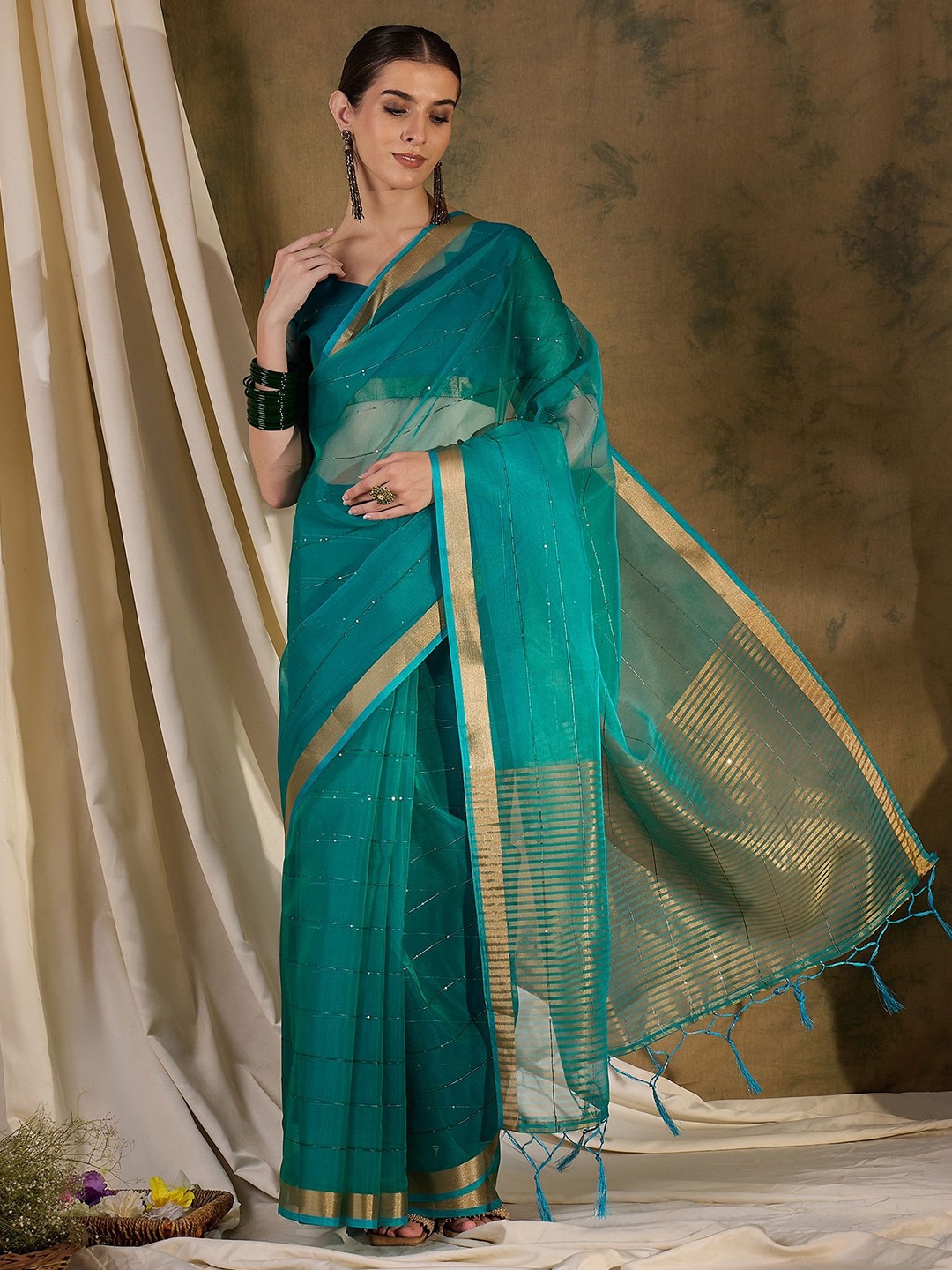 

Suha Striped Zari Organza Saree, Teal