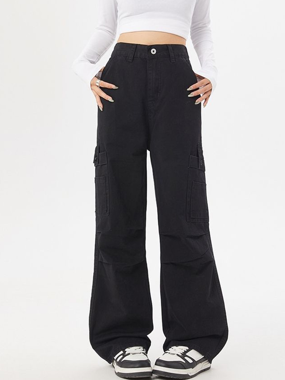

LULU & SKY Women Loose Fit High-Rise Cargo Trousers, Black