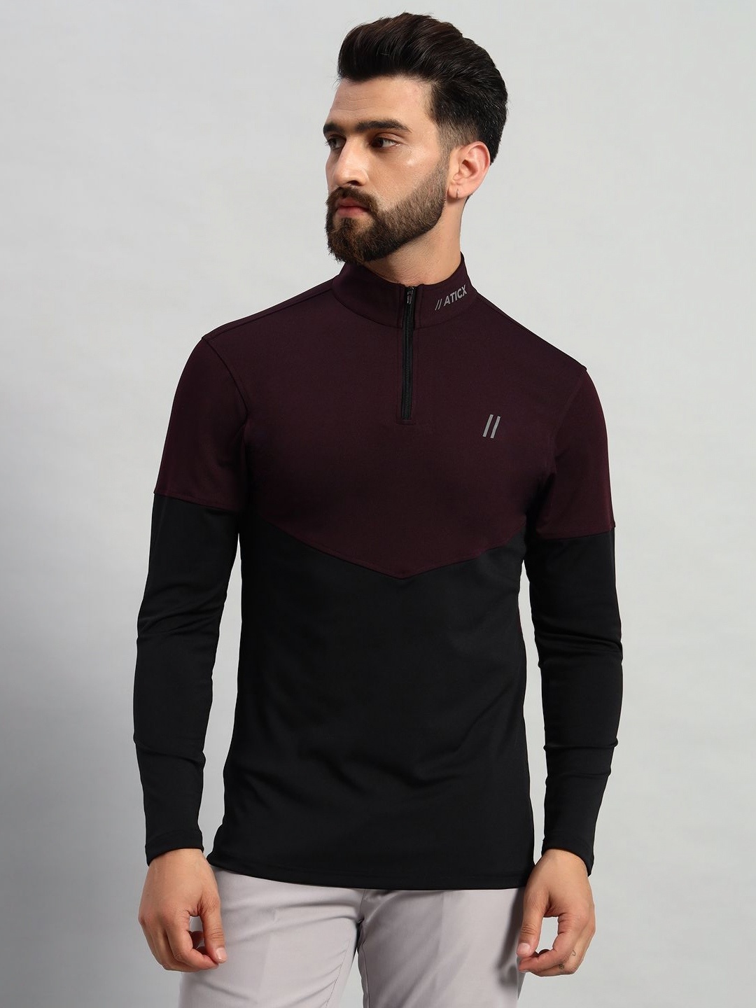 

ATICX Men Brand Logo Colourblocked High Neck Compression T-shirt, Burgundy