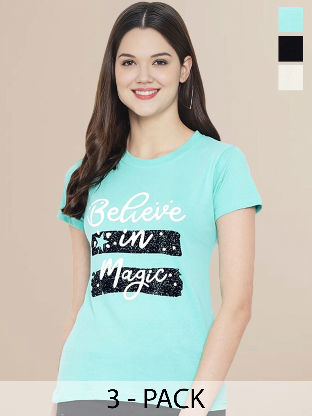 

Metronaut Women Pack Of 3 Typography Printed Round Neck Cotton Mickey Mouse T-shirts, Off white