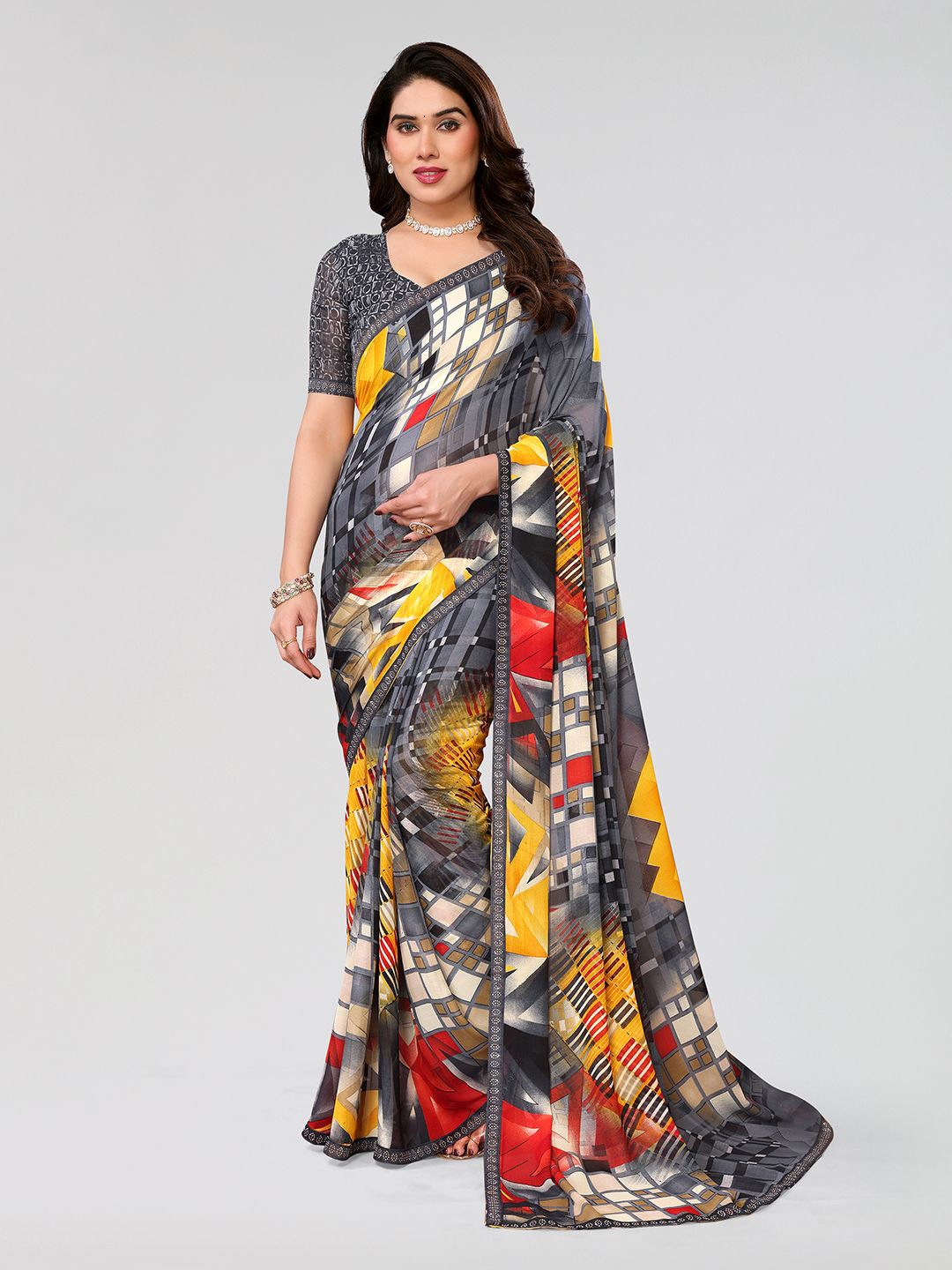 

ANAND SAREES Beads and Stones Pure Georgette Saree, Grey