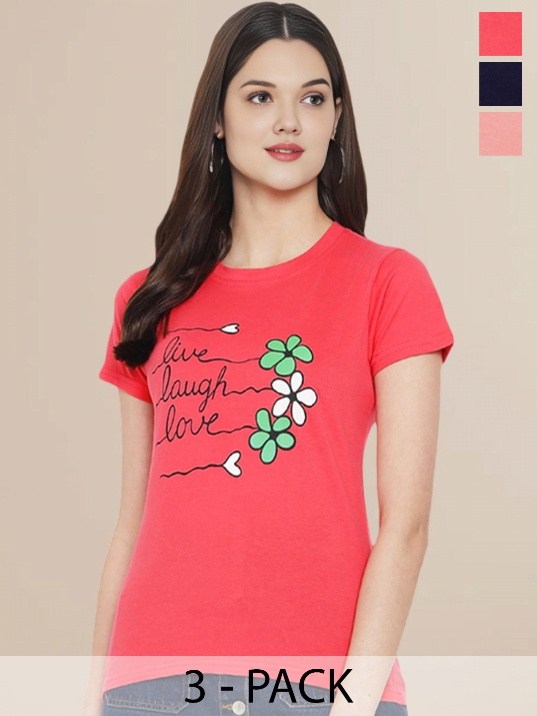 

Metronaut Women Pack Of 3 Typography Printed Round Neck Cotton T-shirts, Navy blue
