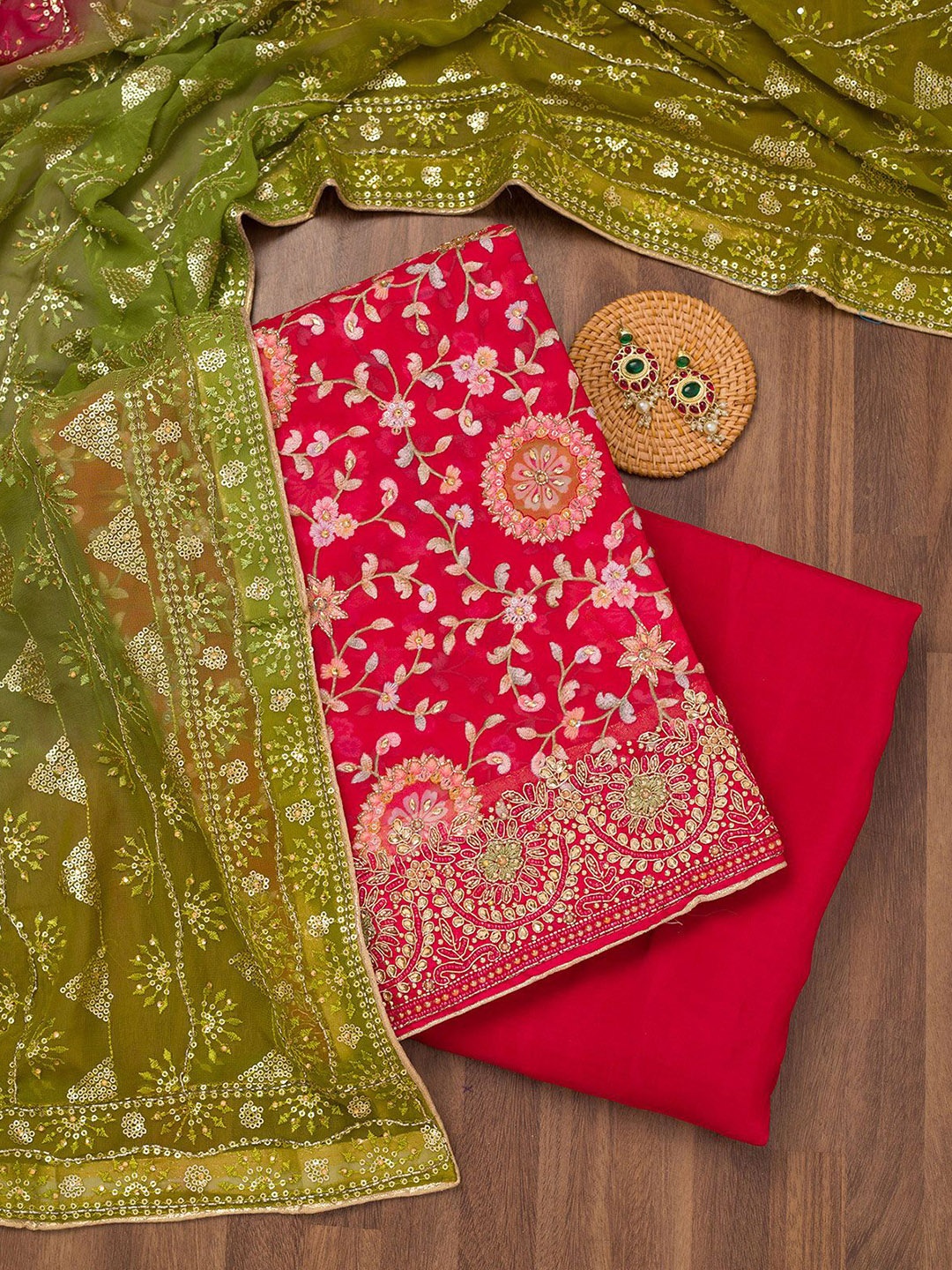 

Koskii Embroidered Unstitched Dress Material, Red