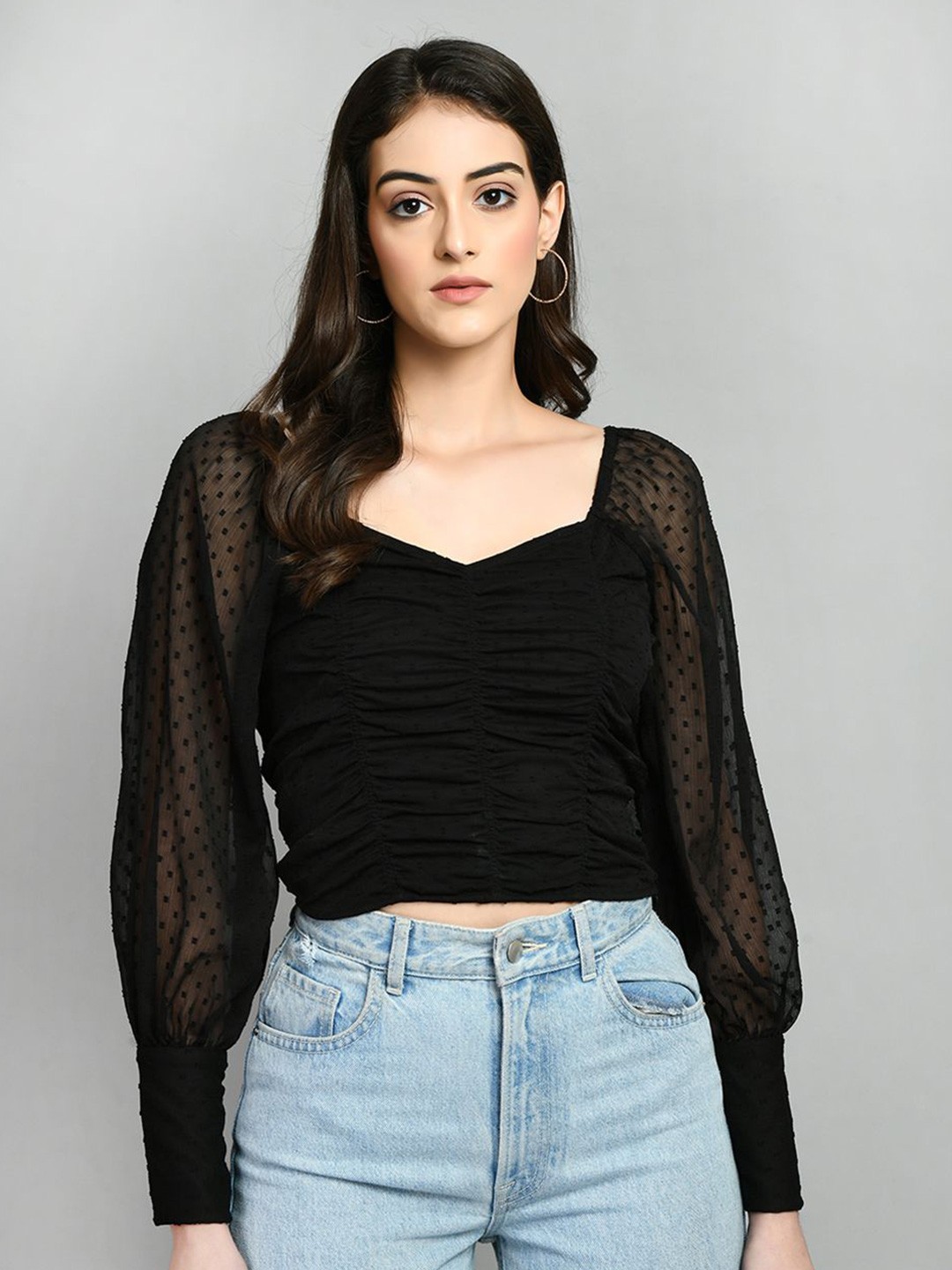

all about you Sweetheart Neck Puff Sleeve Crop Top, Black