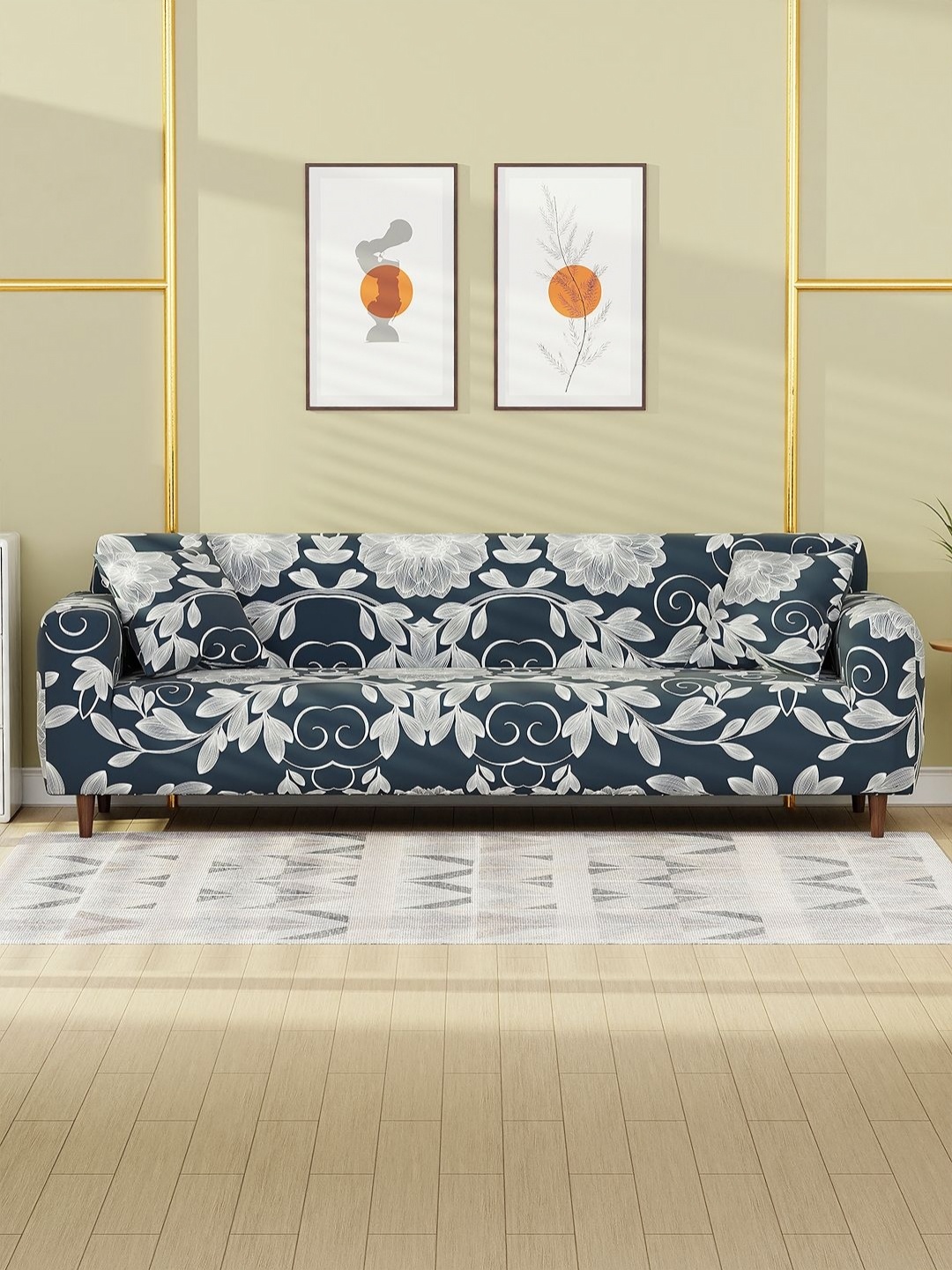 

Myntra Elegant Homes Blue & White Floral Printed Four Seater Sofa Cover & Cushion Covers