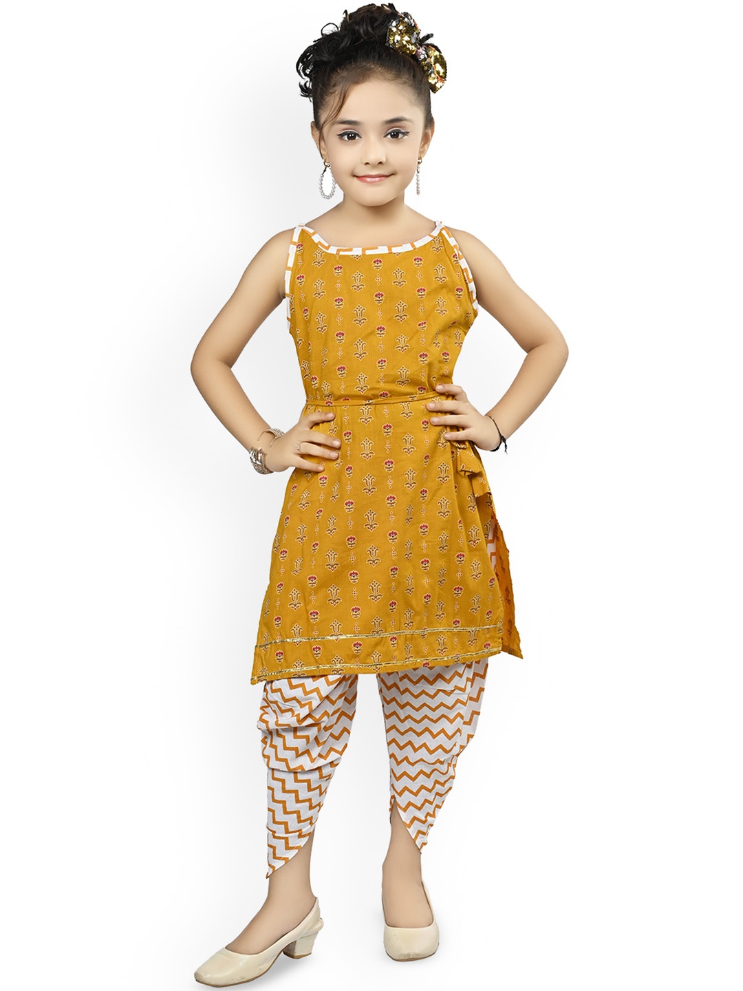 

Arshia Fashions Girls Floral Printed Regular Kurti with Dhoti Pants, Yellow