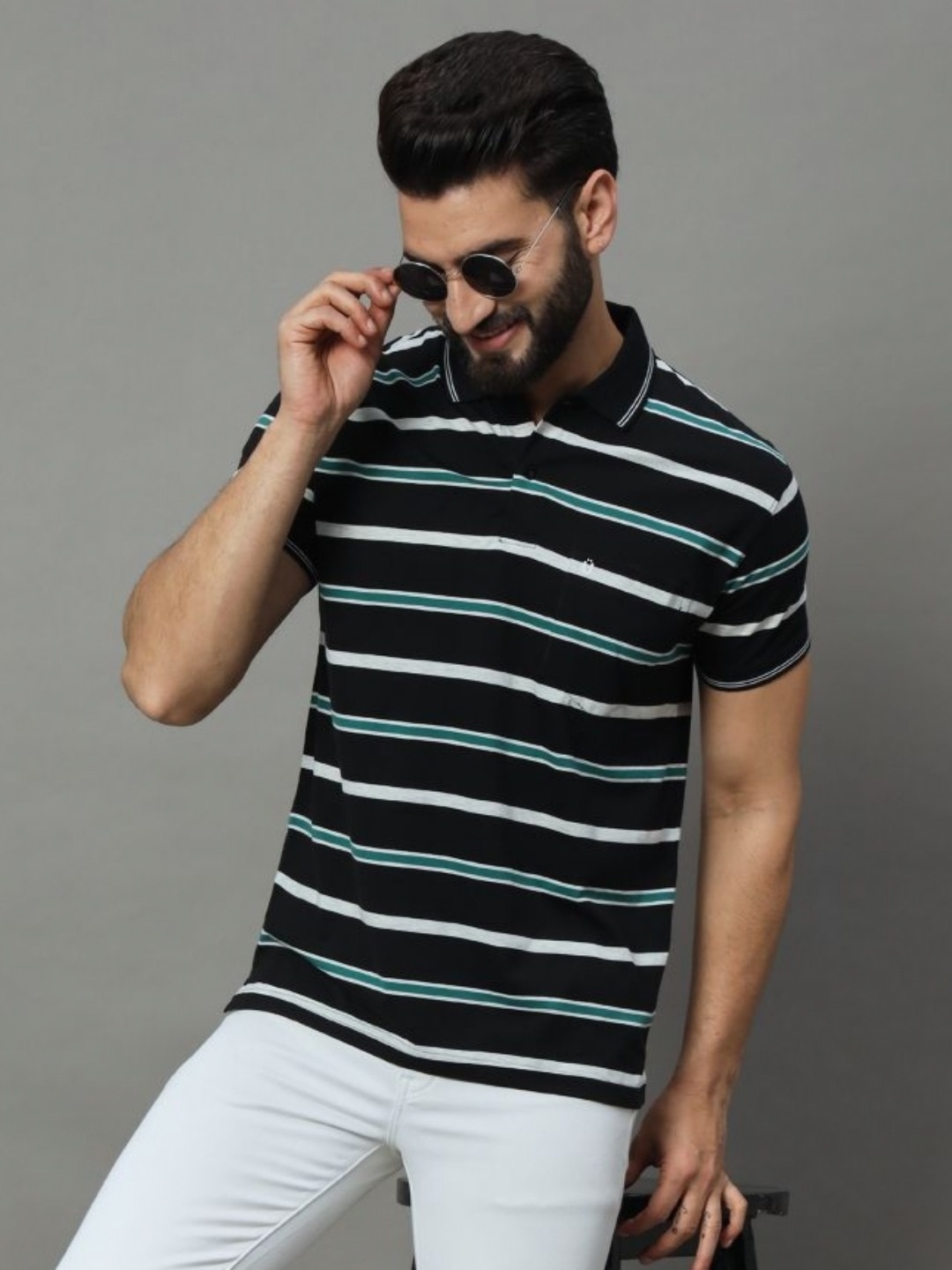 

UNIBERRY Men Striped Polo Collar T-shirt, Black