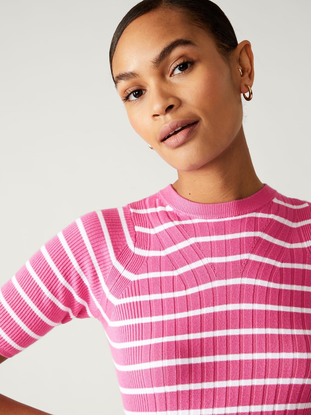 

Marks & Spencer Striped Extended Sleeves Top, Pink