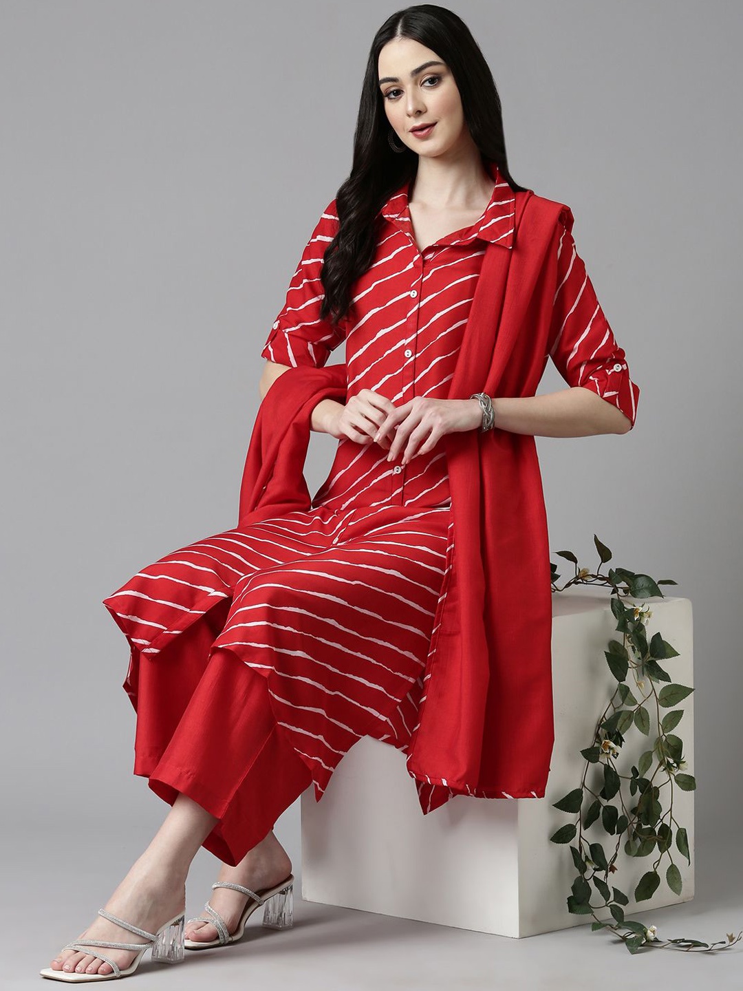 

Anouk Women Striped Regular Kurta with Trousers & With Dupatta, Red