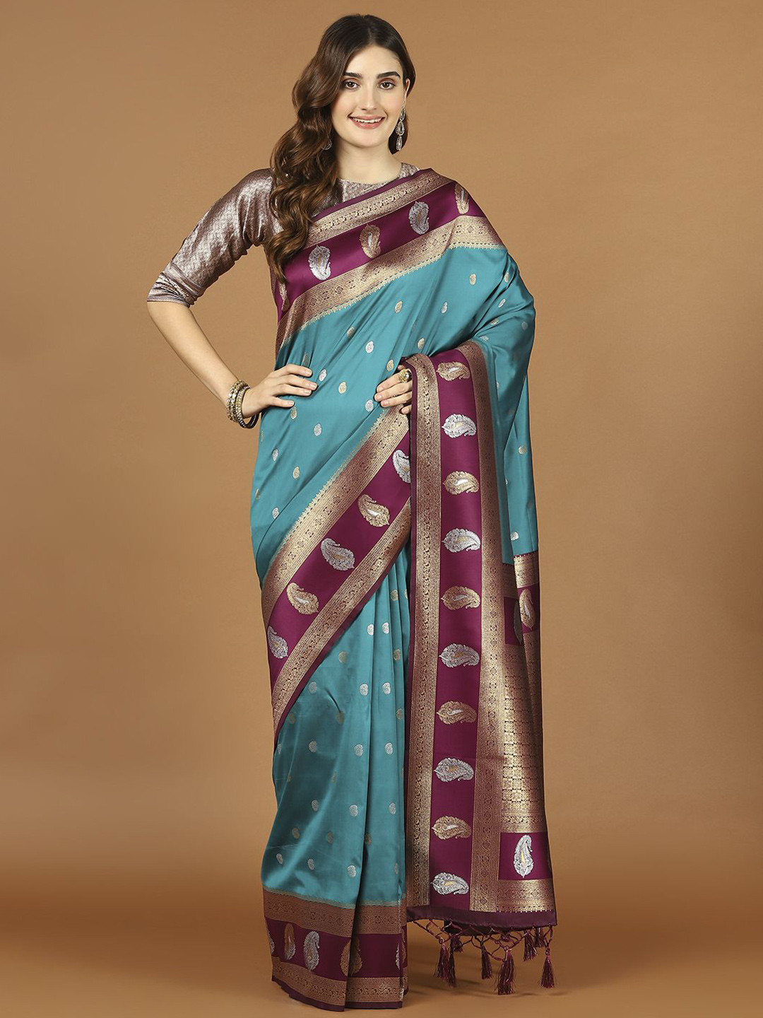 

Meena Bazaar Woven Design Zari Art Silk Saree, Sea green