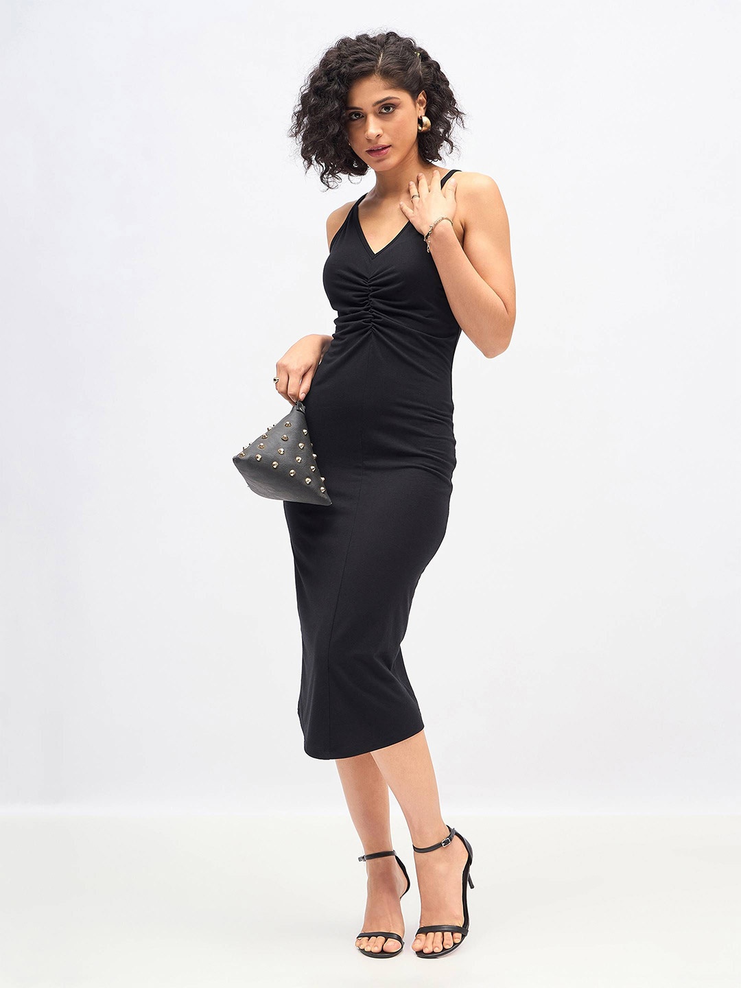 

SASSAFRAS Shoulder Straps Ruched Sheath Midi Dress, Black