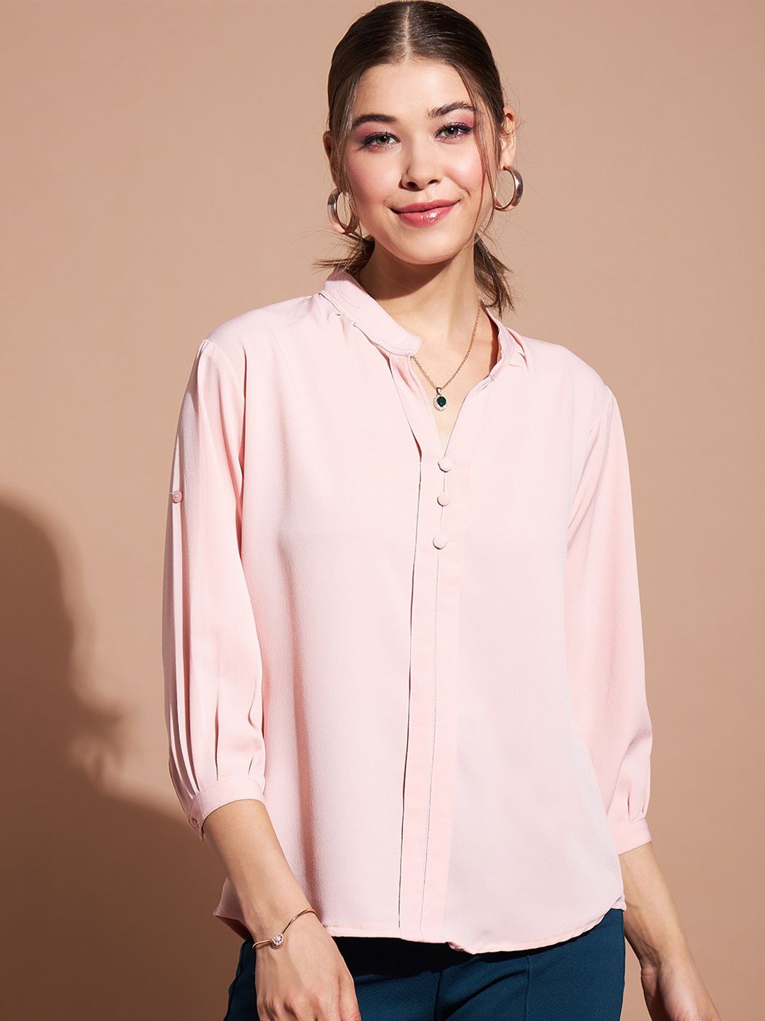 

DressBerry Women Mandarin Collar Shirt Style Top, Pink