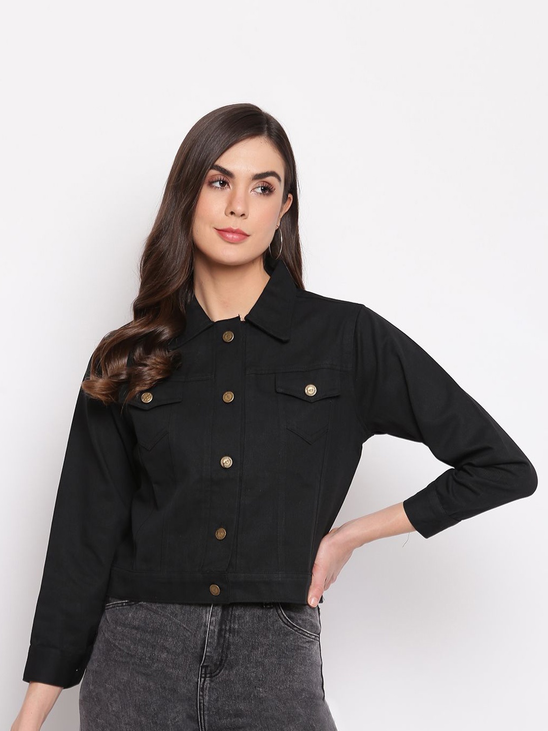 

DressBerry Women Crop Denim Jacket with Embroidered, Black