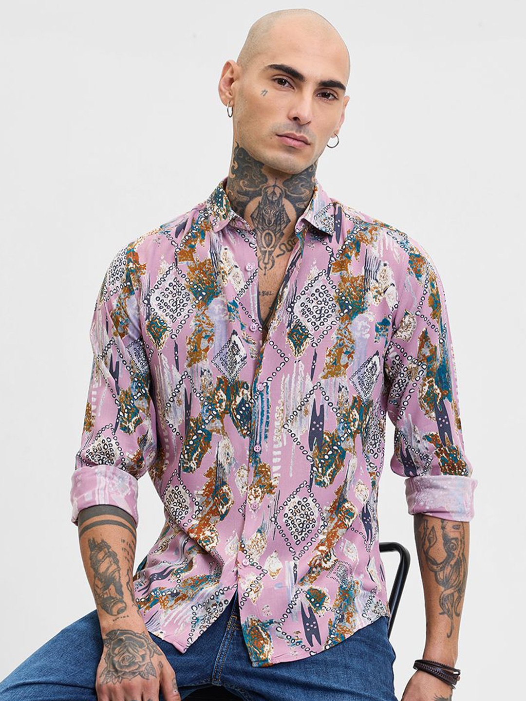 

Snitch Men Smart Slim Fit Opaque Printed Casual Shirt, Pink