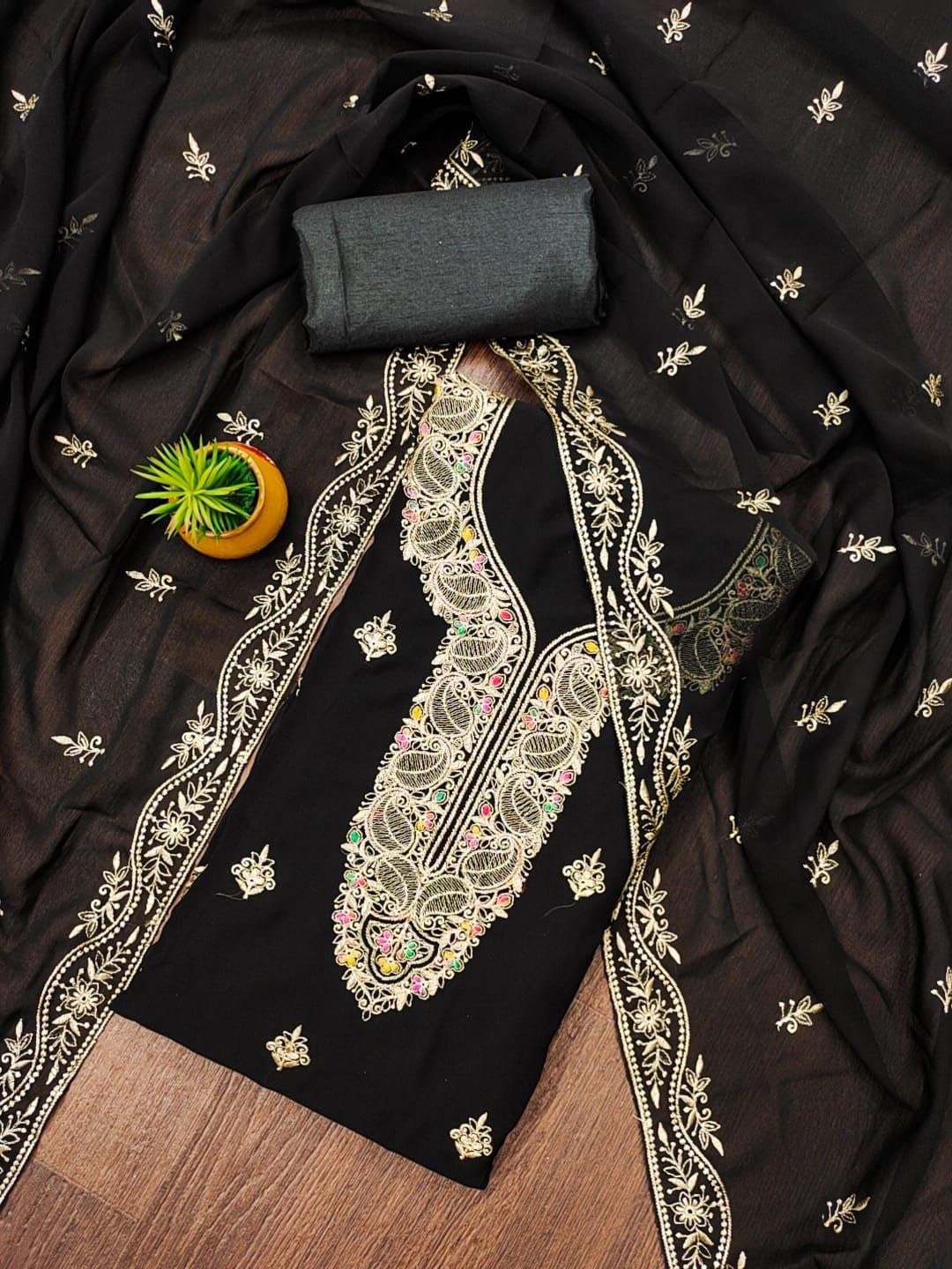 

ZEEPKART Silk Georgette Unstitched Dress Material, Black