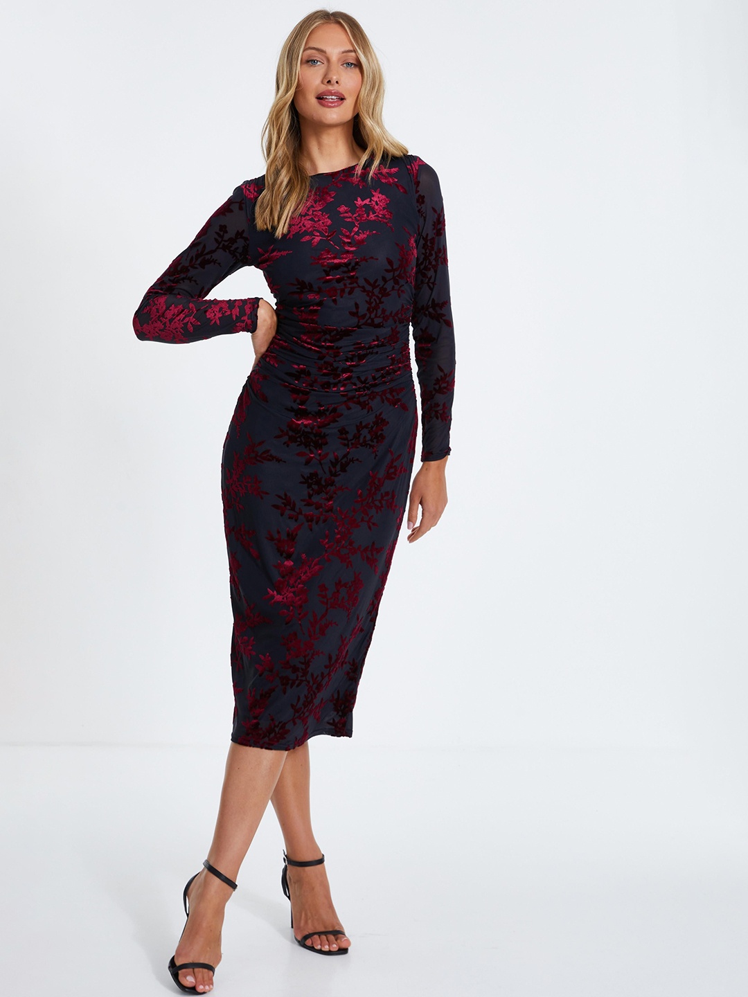 

QUIZ Floral Velvet Bodycon Midi Dress, Red