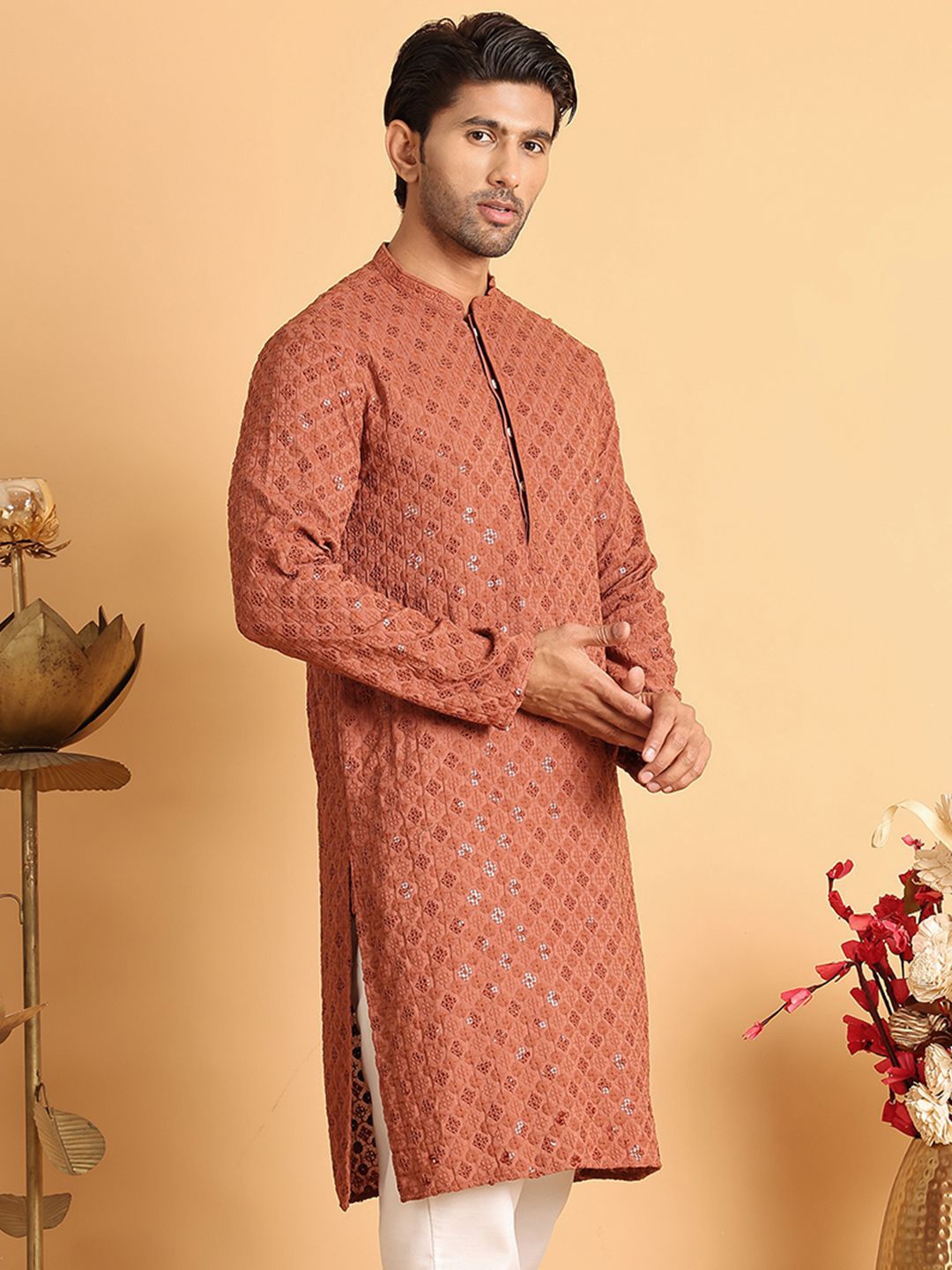 

Jompers Men Floral Embroidered Sequinned Kurta, Rust