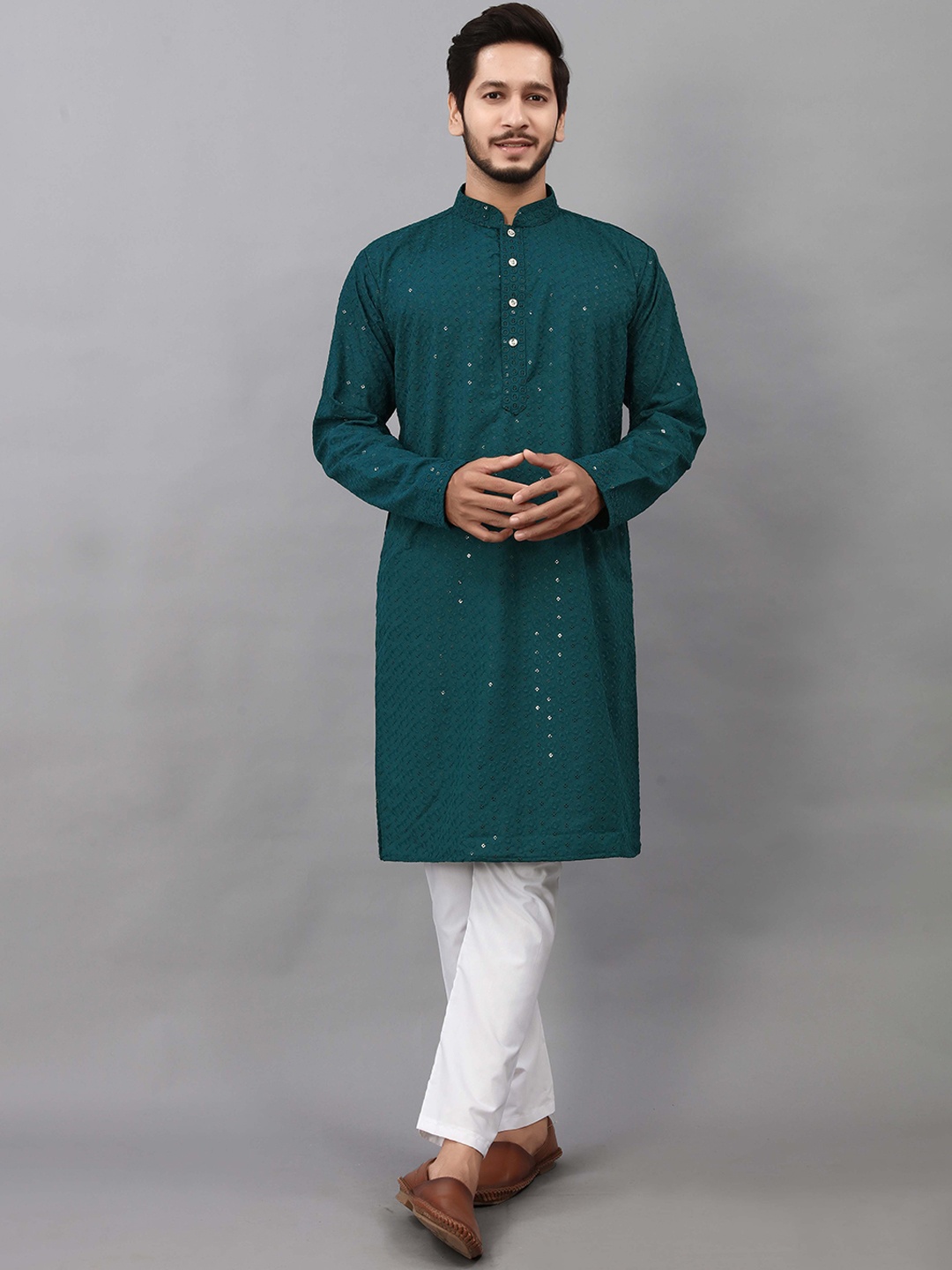 

ALMORA Men Ethnic Motifs Embroidered Mirror Work Pathani Kurta, Olive
