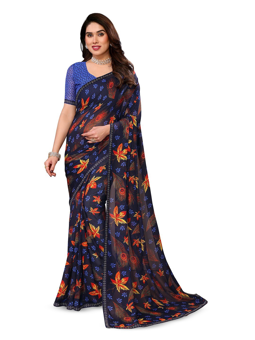 

ANAND SAREES Floral Sequinned Pure Georgette Saree, Blue