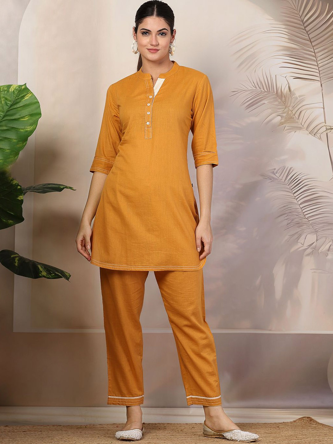 

Pistaa Mandarin Collar Pure Cotton Tunic & Trousers, Mustard