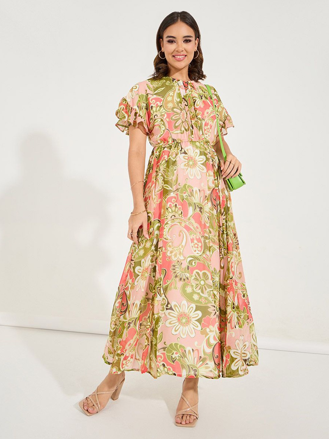 

Styli Floral Print Flutter Sleeve A-Line Maxi Dress, Multi