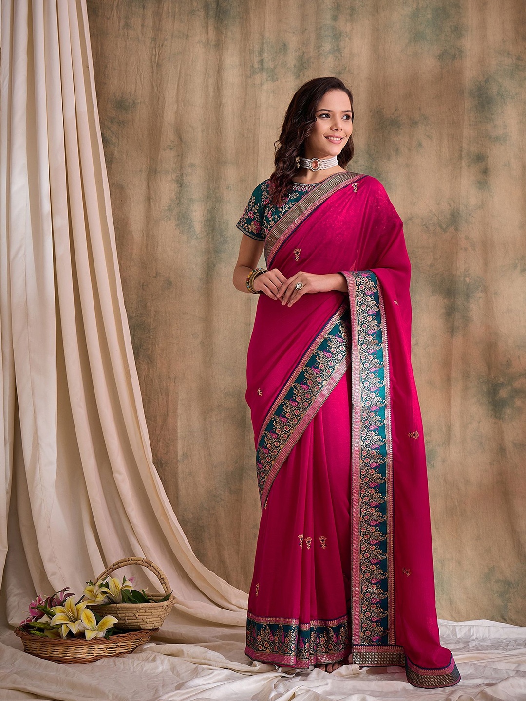 

Suha Embellished Embroidered Art Silk Ready to Wear Saree, Pink