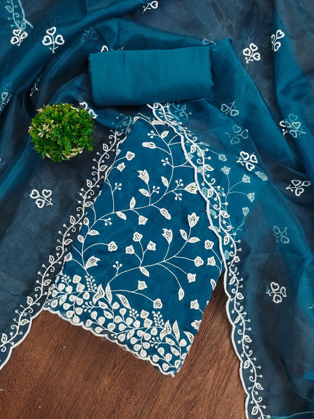 

ZEEPKART Organza Unstitched Dress Material, Turquoise blue