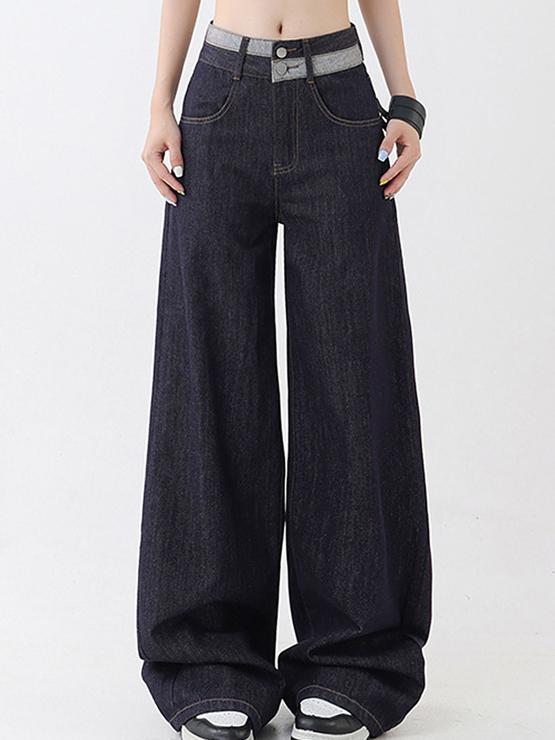 

LULU & SKY Women Cotton Wide Leg Slash Knee Jeans, Black