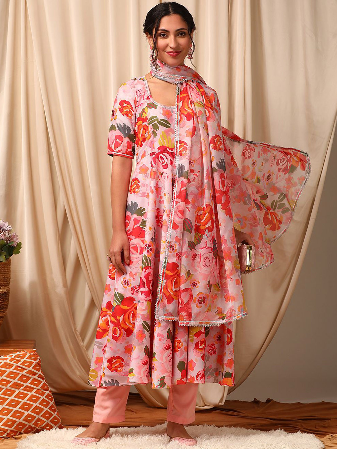 

Inddus Women Floral Printed Empire Gotta Patti Kurta with Trousers & With Dupatta, Pink