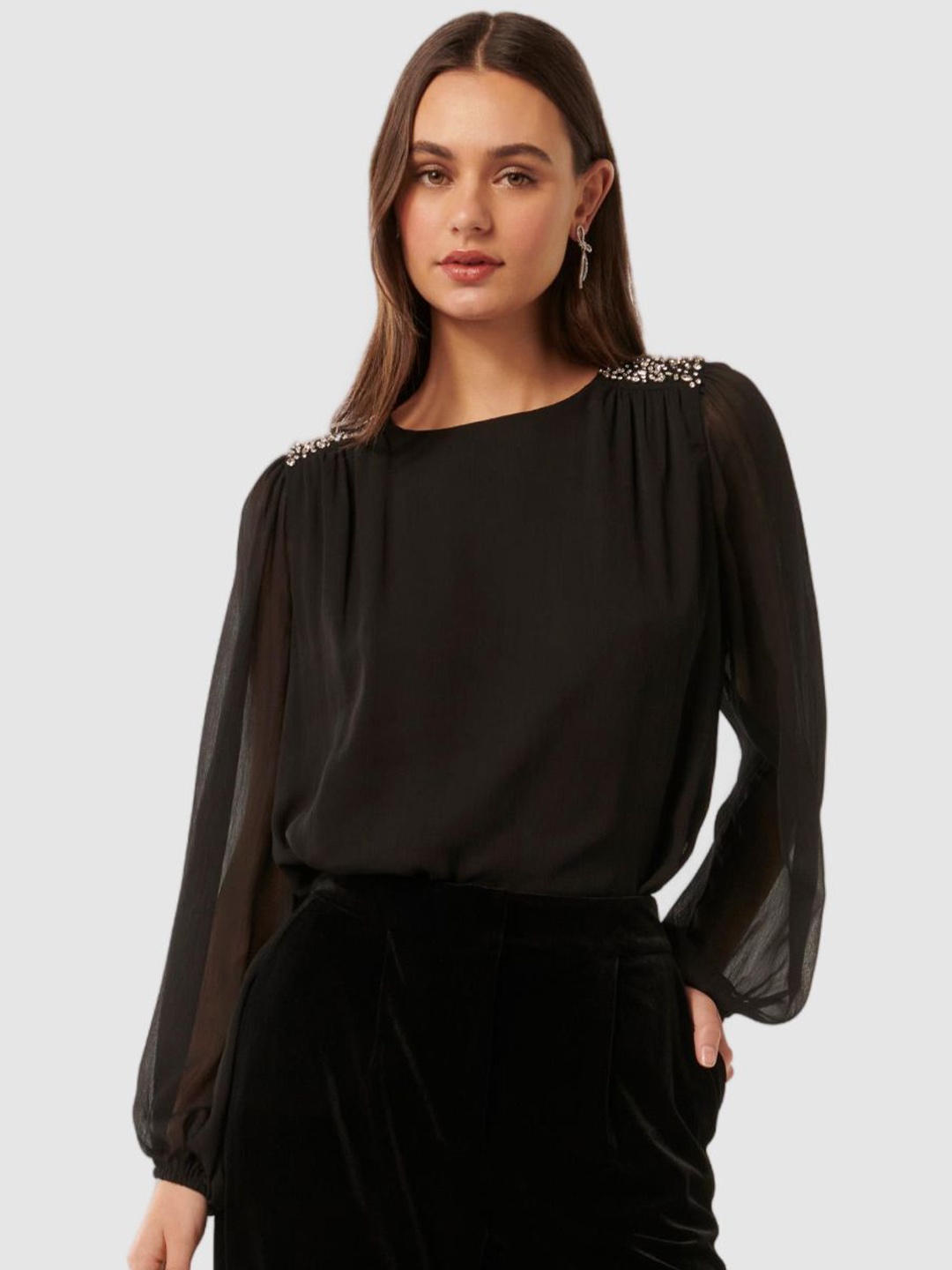 

Forever New Embellished Bishop Sleeves Sheer Top, Black