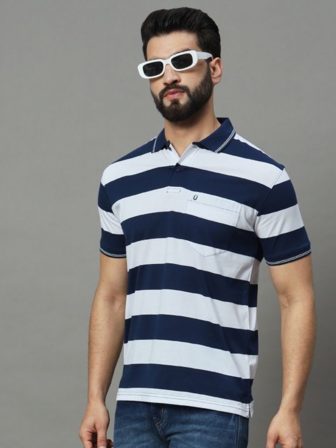 

UNIBERRY Men Striped Polo Collar T-shirt, Navy blue