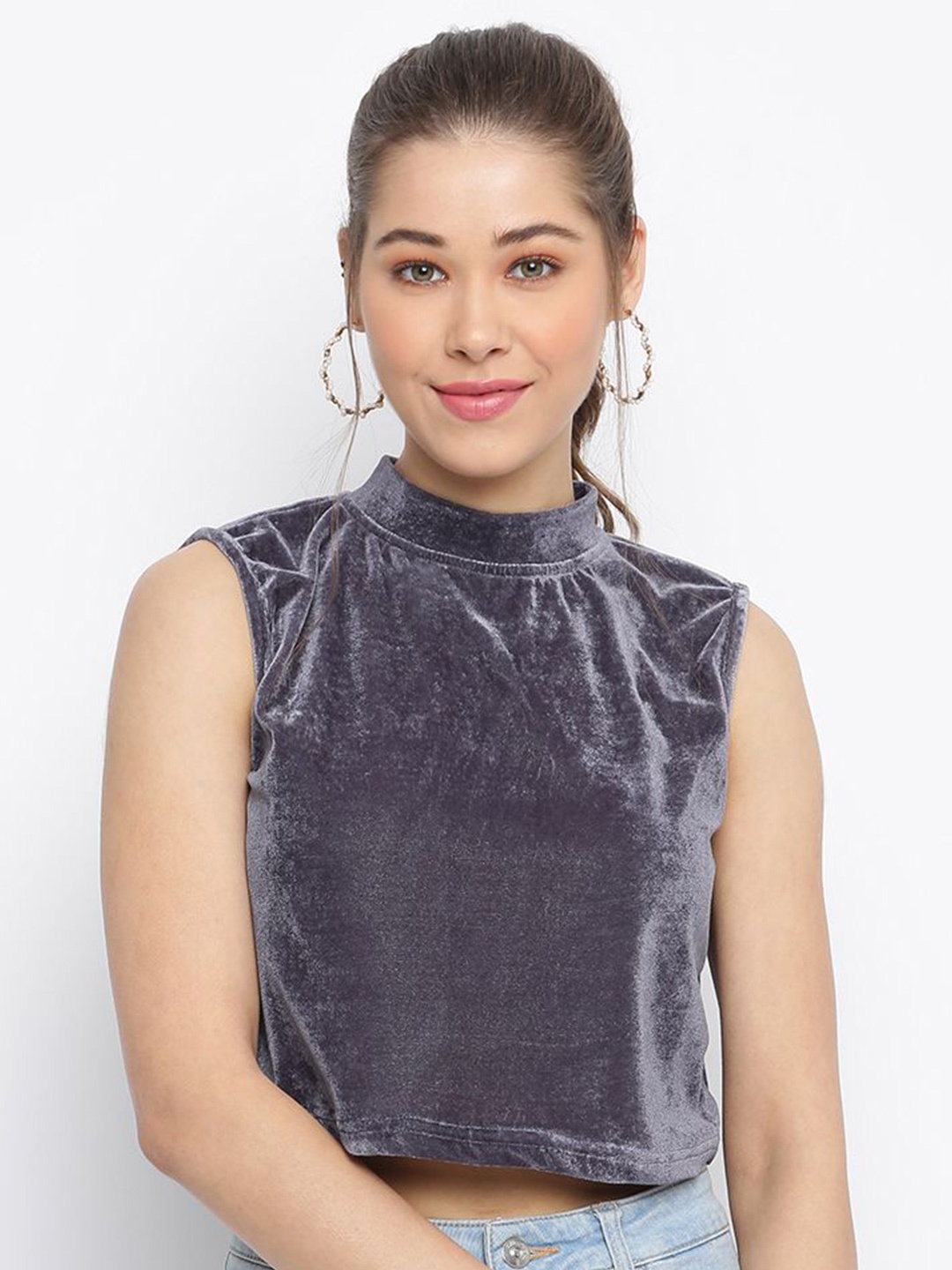 

DressBerry Women High Neck Crop Fitted Top, Grey