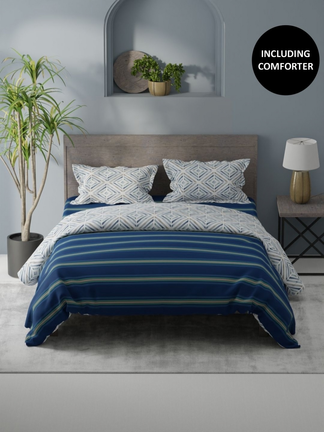 

KOPA Blue & White 4 Pcs Striped Cotton Queen Comforter & Bedsheet 2 Pillow Covers