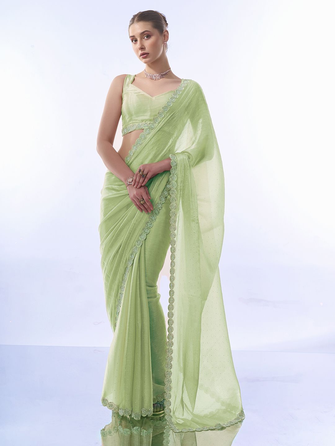 

Kalista Embellished Beads and Stones Pure Chiffon Saree, Green