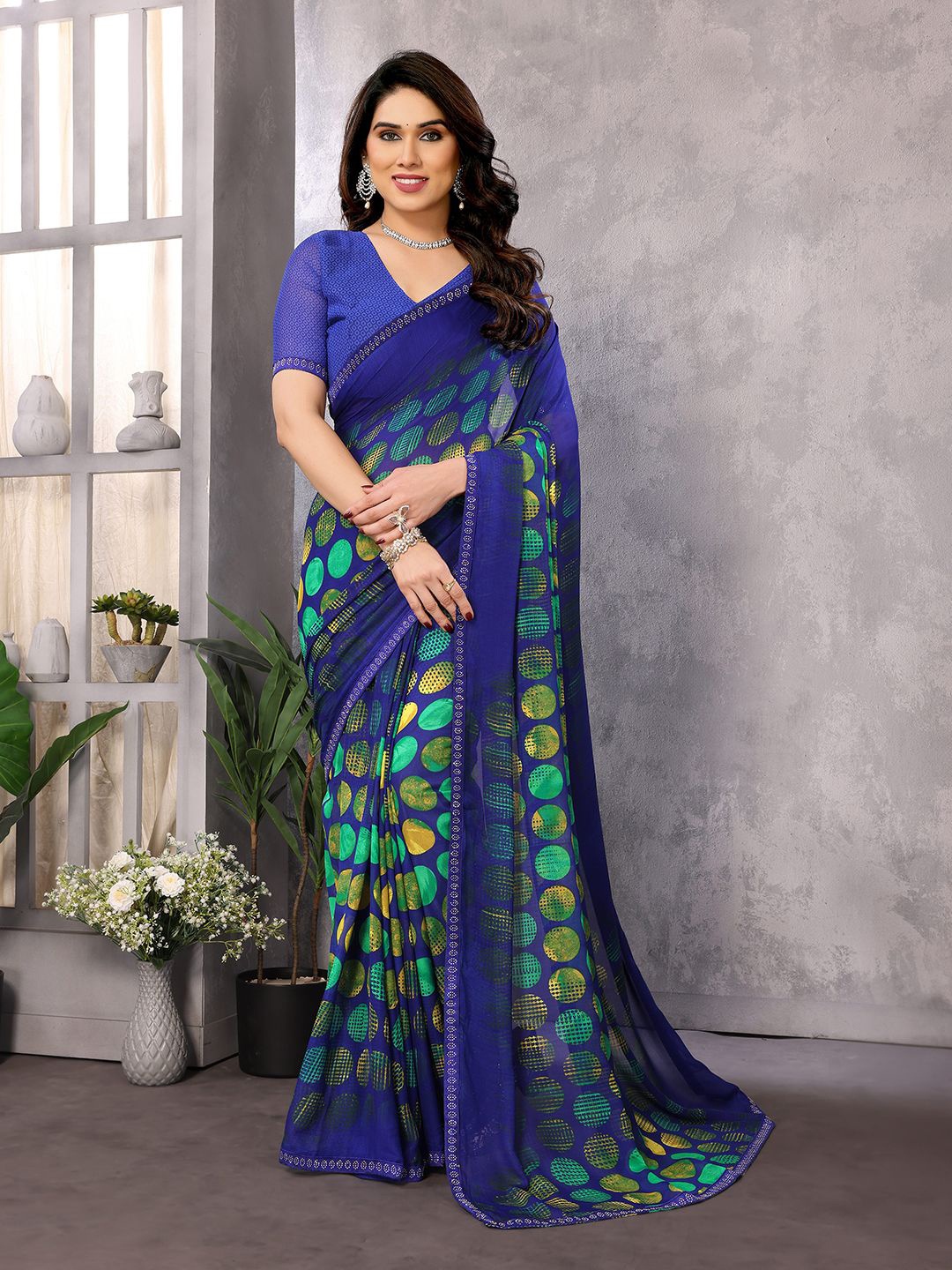 

ANAND SAREES Beads and Stones Pure Georgette Saree, Blue
