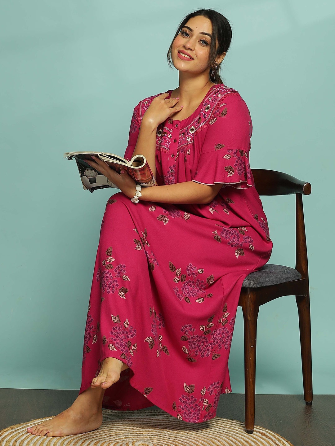 

9shines Label Women Floral Embroidered Cotton Maxi Nightdress, Magenta