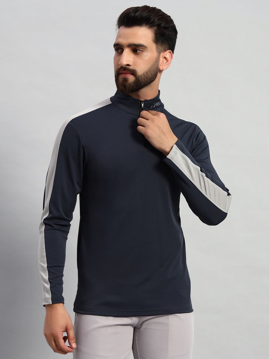 

ATICX Men Brand Logo Striped High Neck Compression T-shirt, Grey