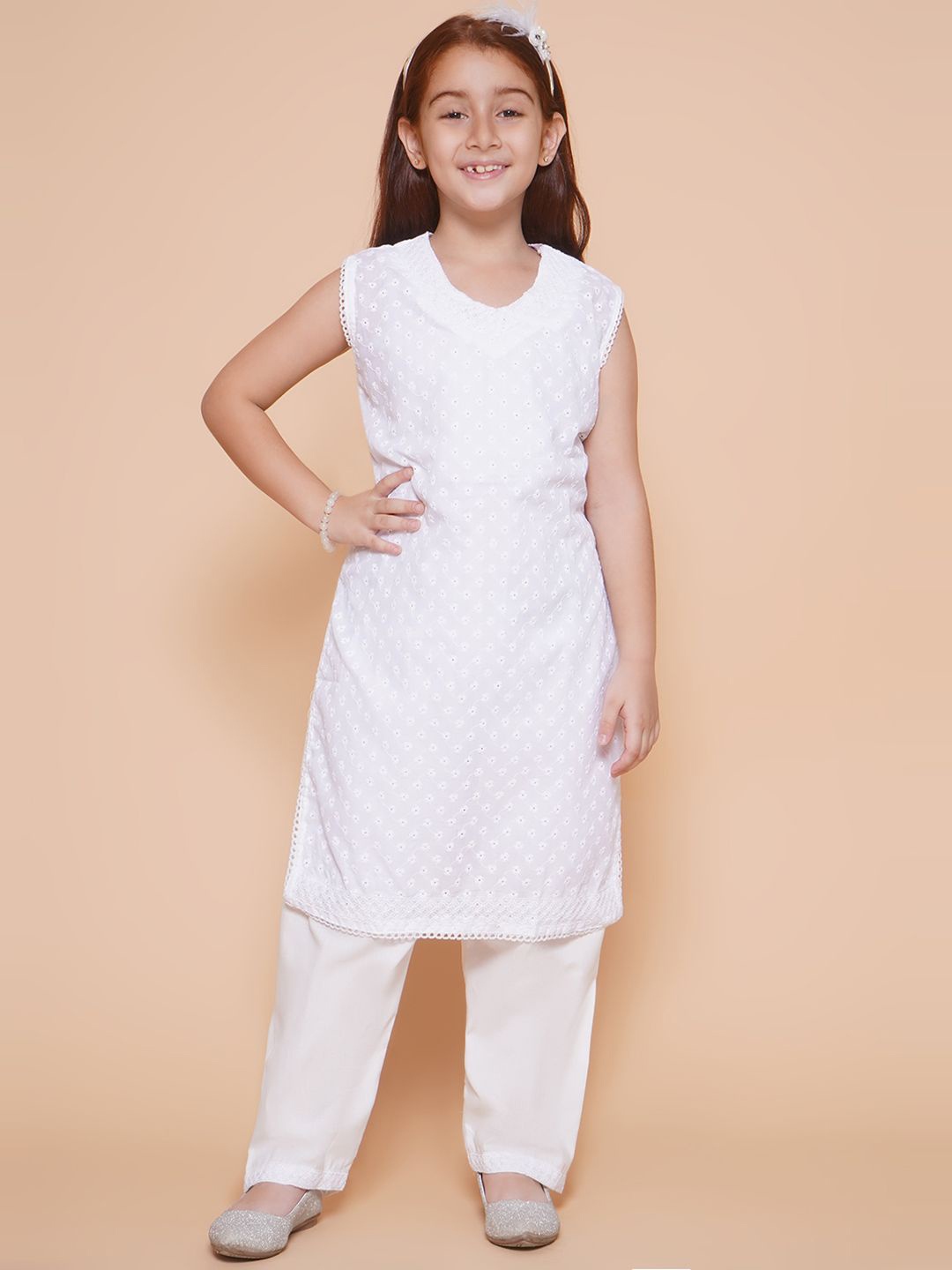 

Arshia Fashions Girls Floral Regular Thread Work Kurti with Salwar, White